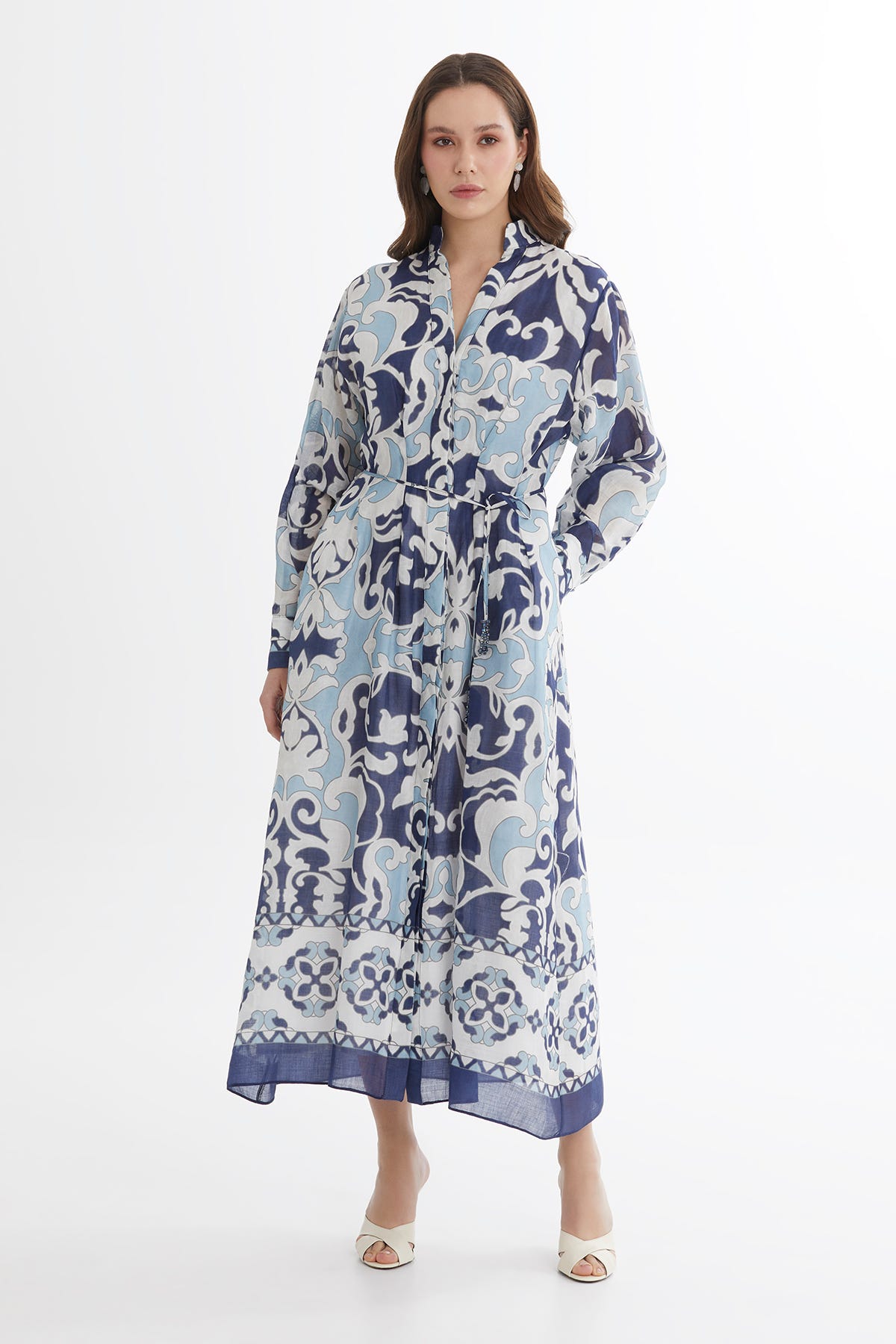 Bağlamalı İşleme Detaylı Desenli Maxi Elbise