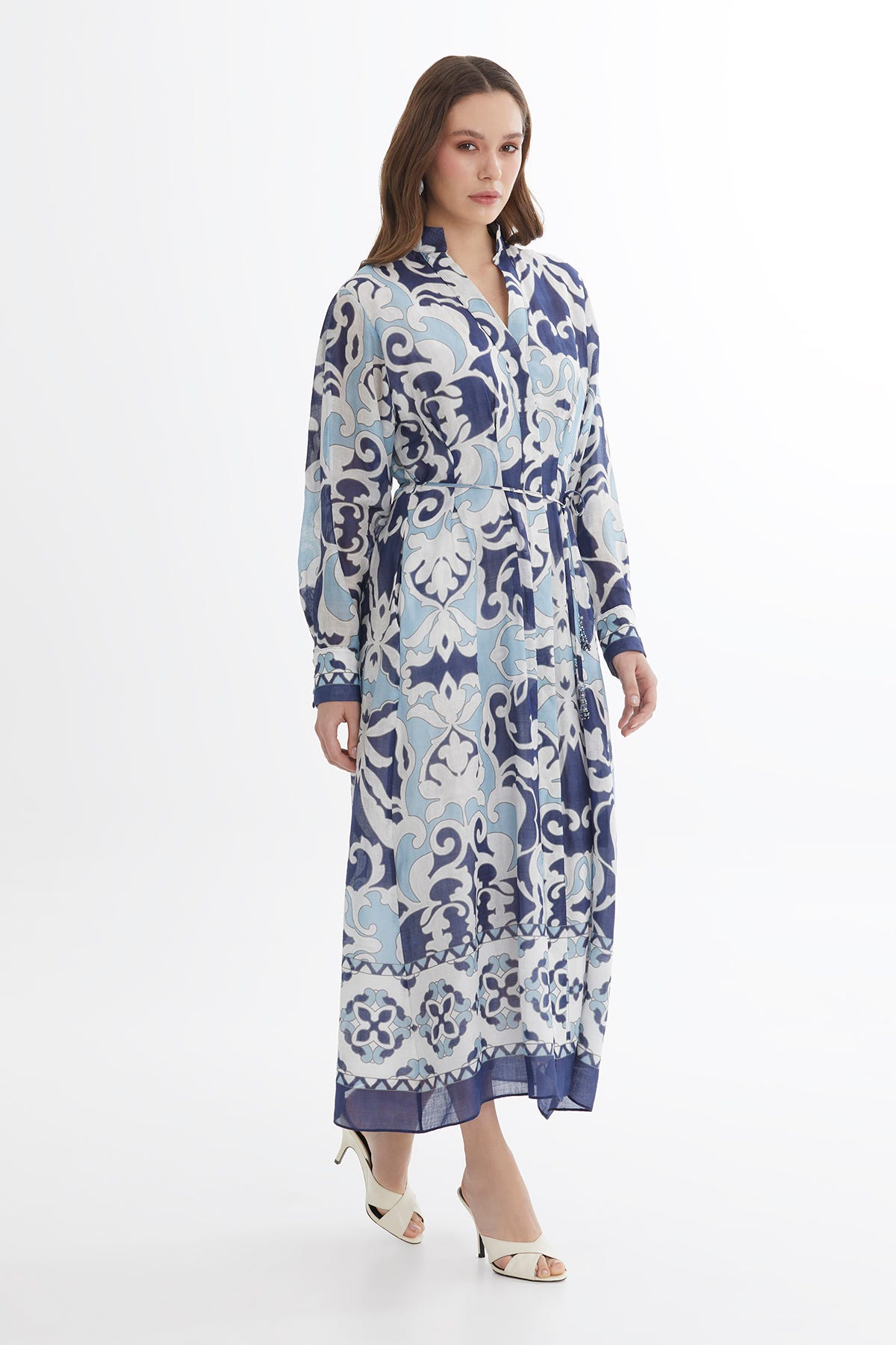 Bağlamalı İşleme Detaylı Desenli Maxi Elbise