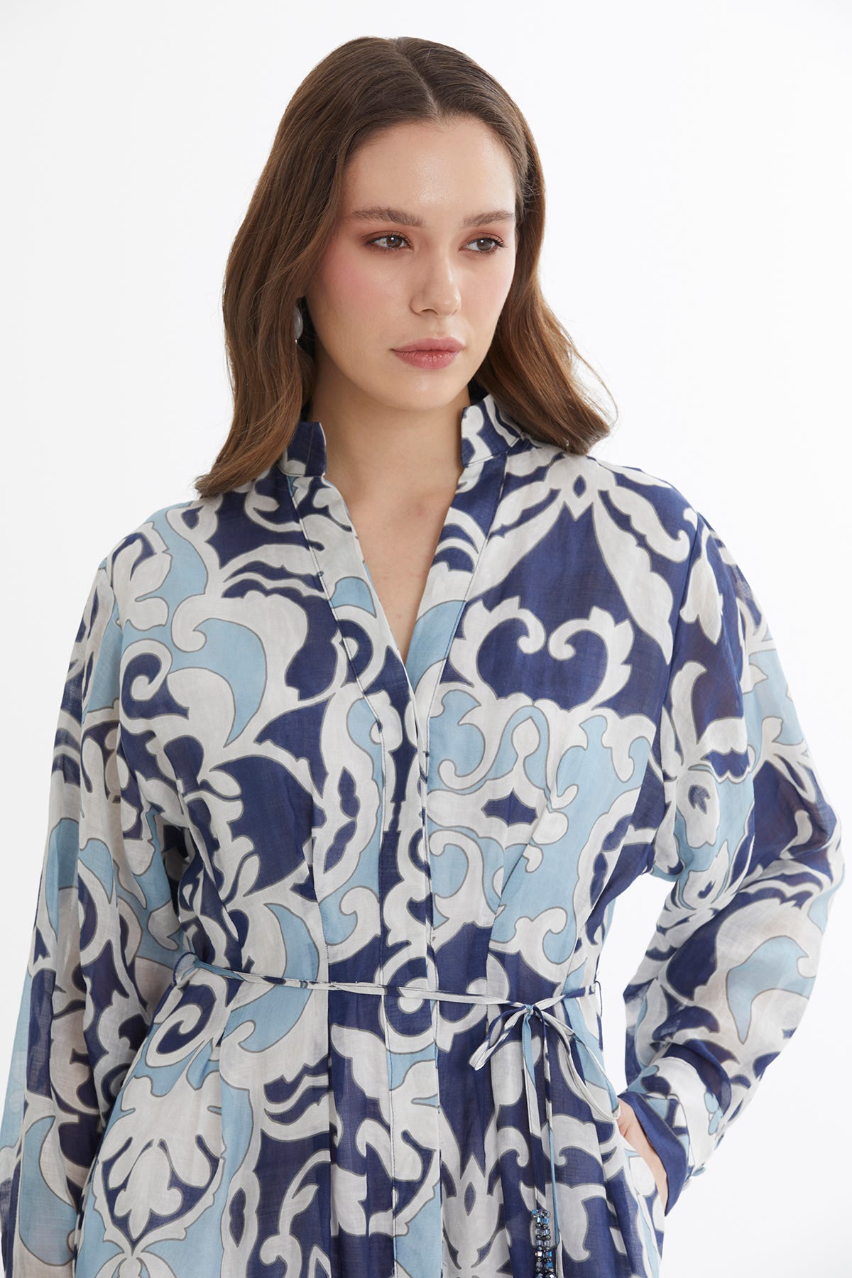 Bağlamalı İşleme Detaylı Desenli Maxi Elbise