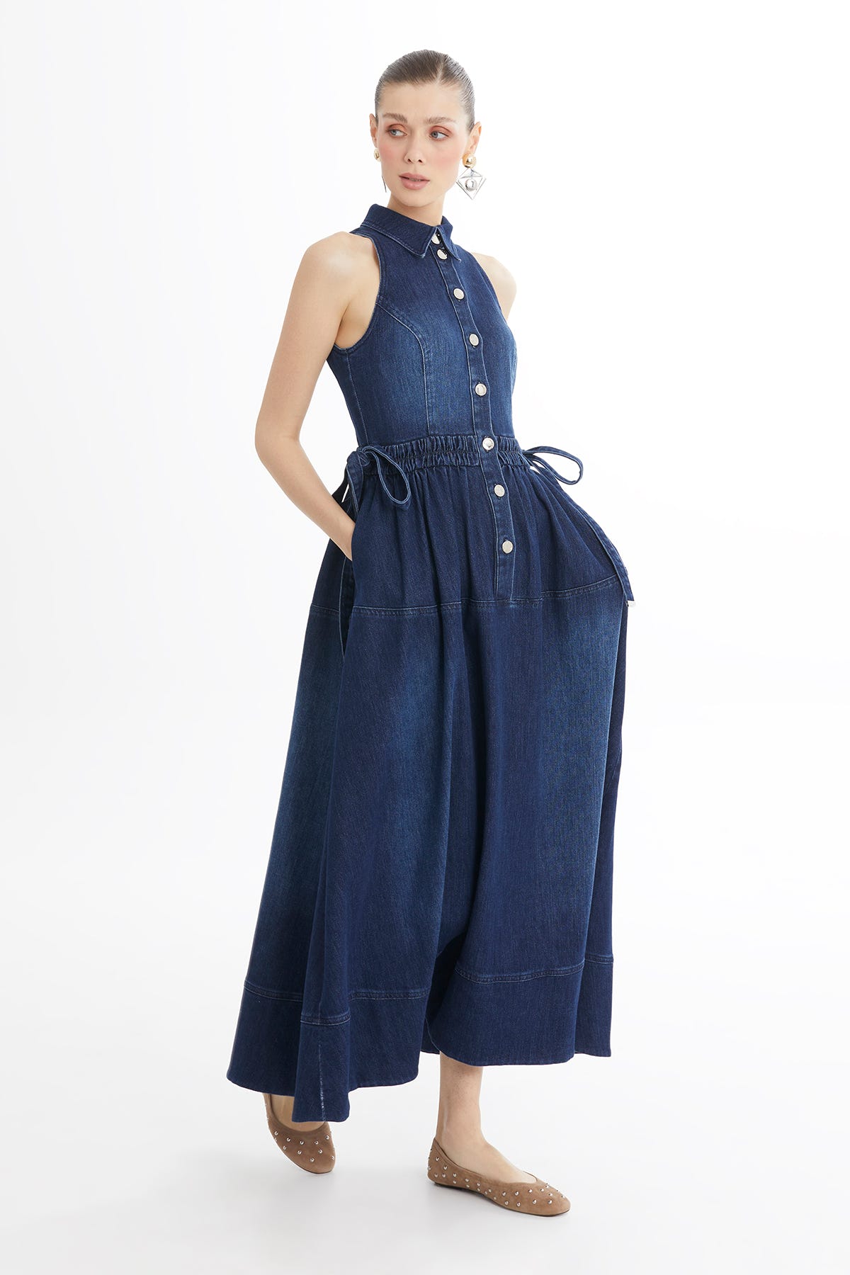 Belden Büzgülü Kolsuz Denim Midi Elbise