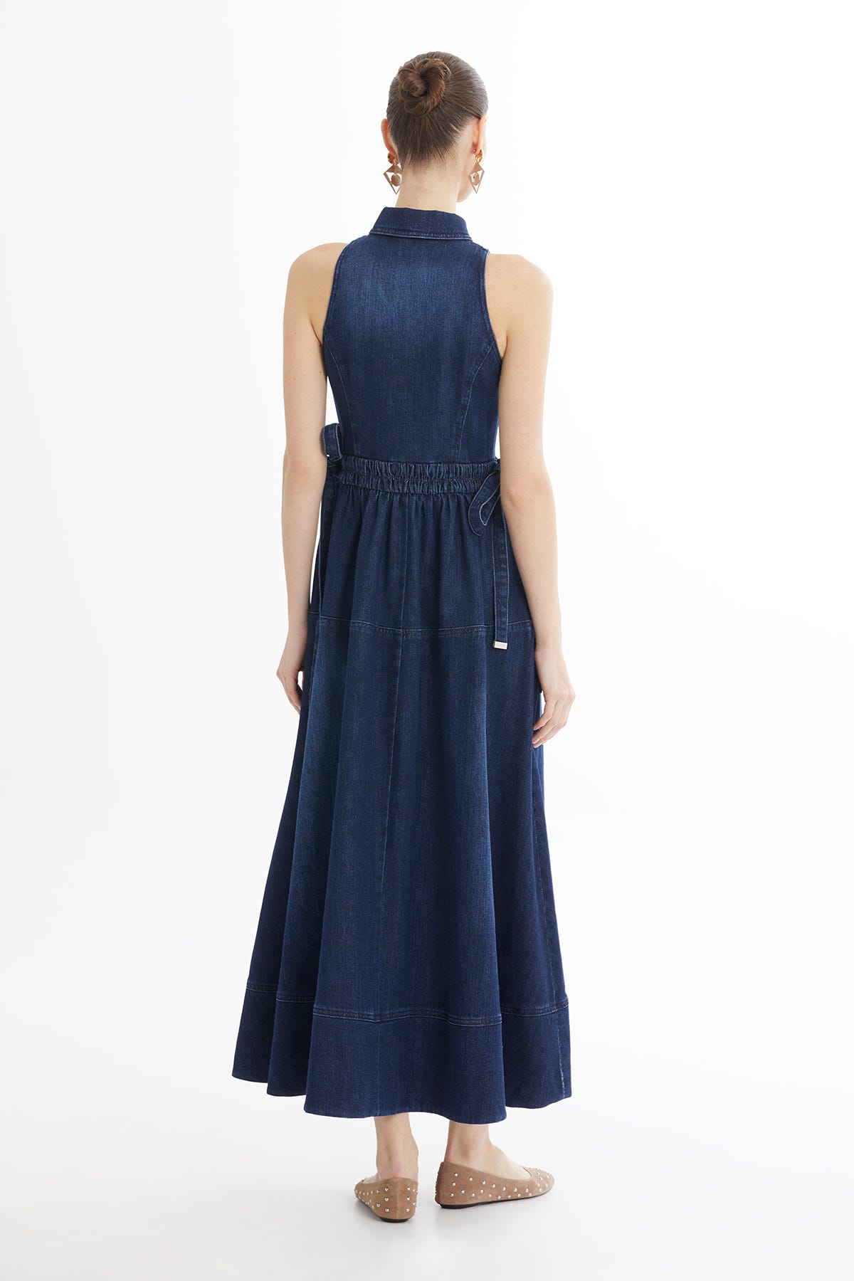 Belden Büzgülü Kolsuz Denim Midi Elbise