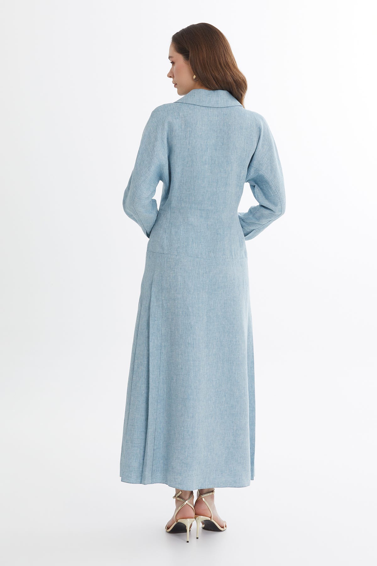 Boncuklu Çiçek Broşlu Maxi Mavi Keten Elbise