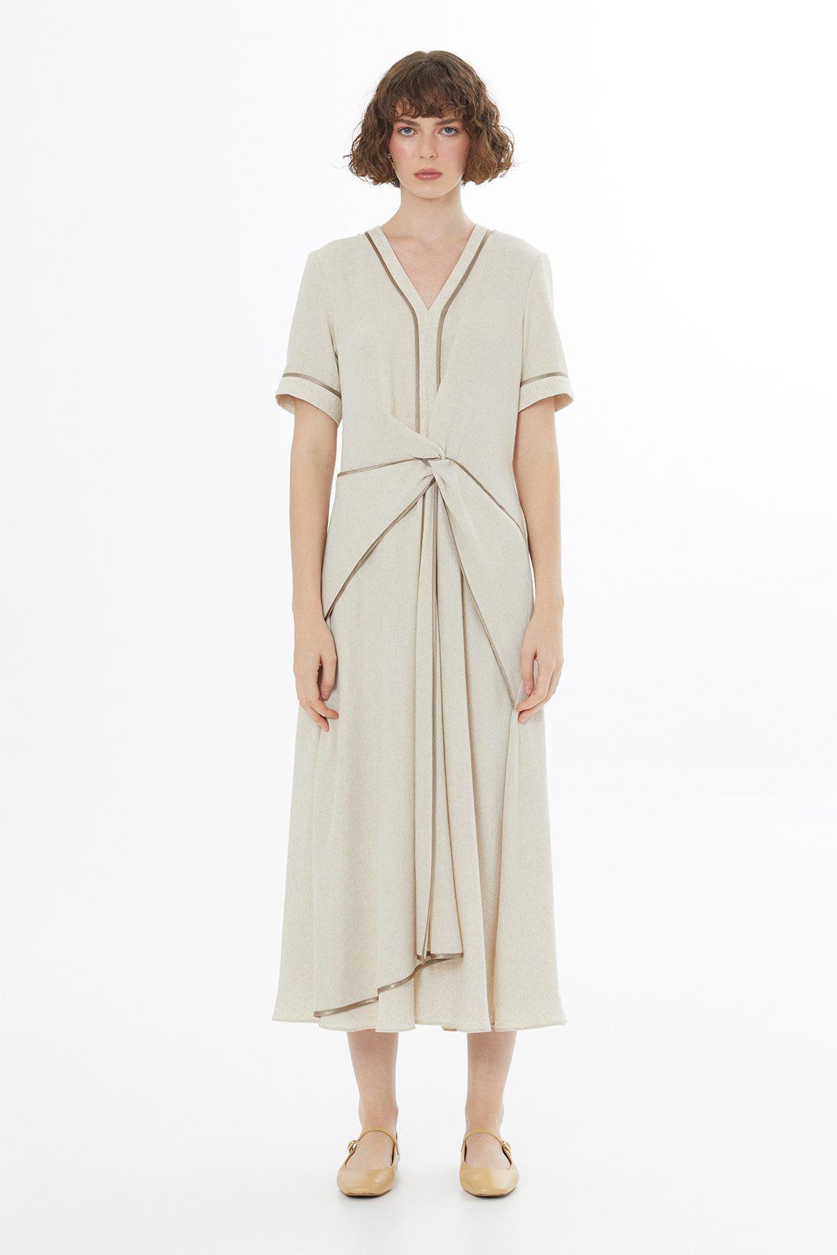 Biye Detaylı Keten Bej Maxi Elbise