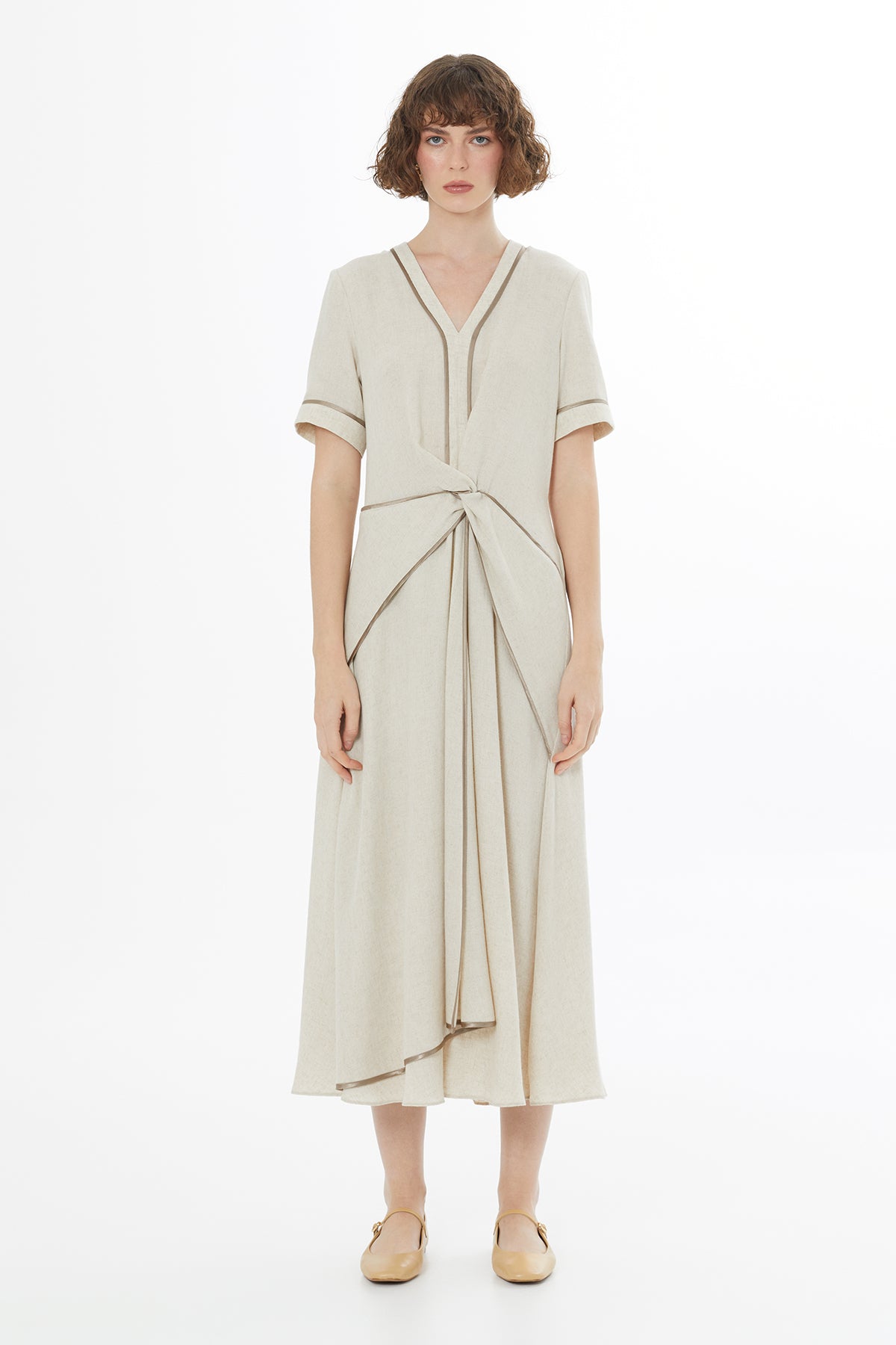 Biye Detaylı Keten Bej Maxi Elbise