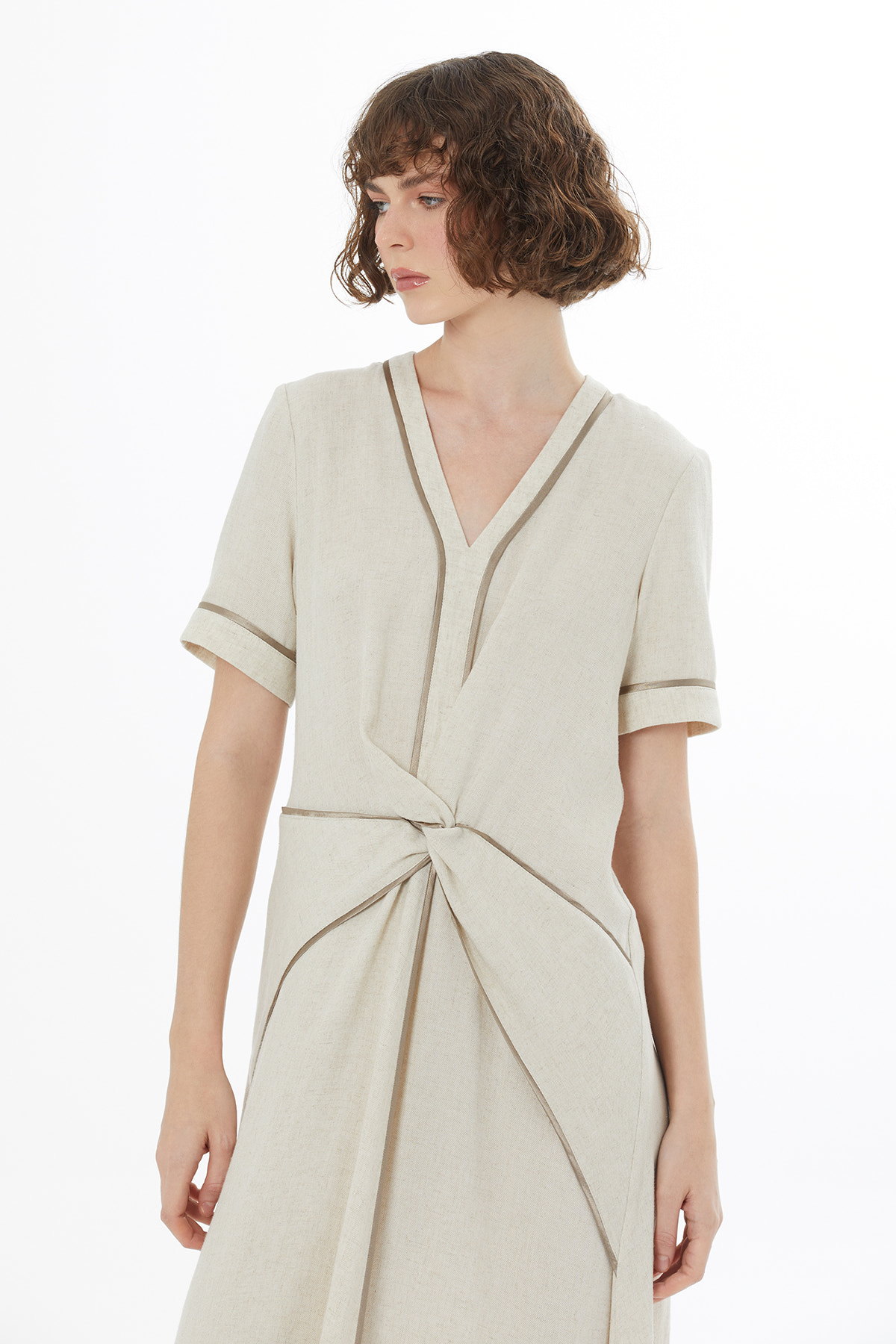 Biye Detaylı Keten Bej Maxi Elbise