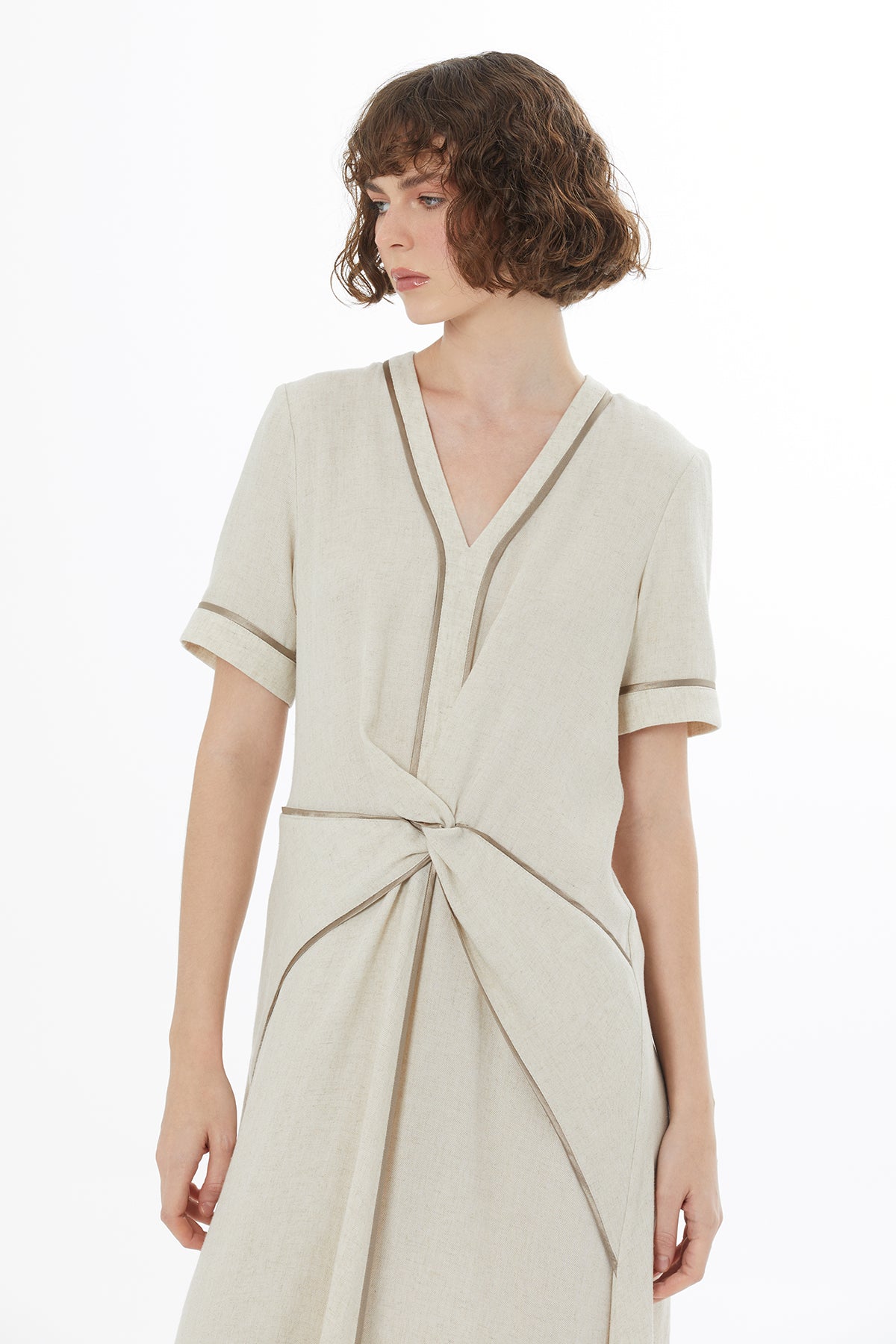 Biye Detaylı Keten Bej Maxi Elbise