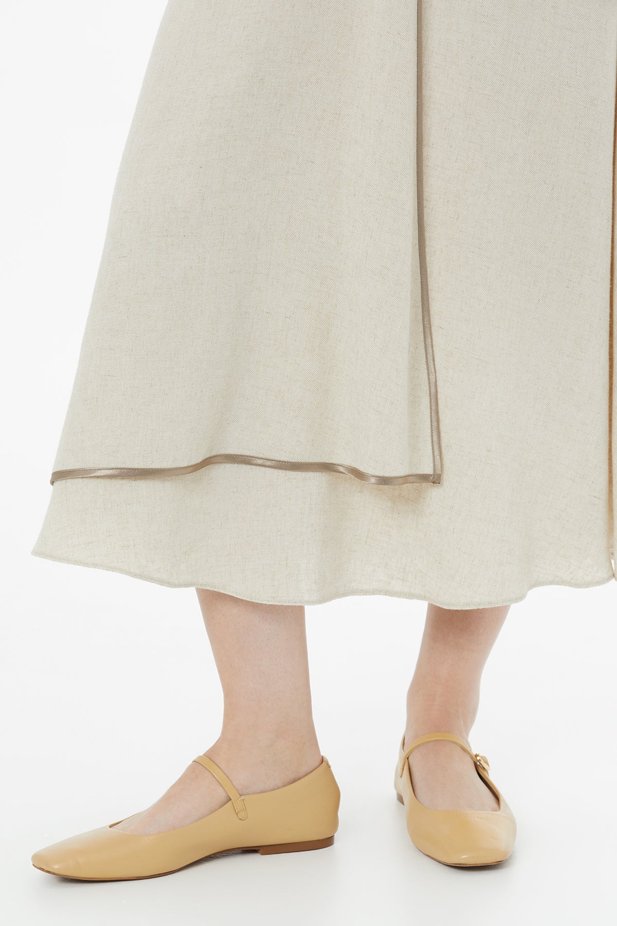 Biye Detaylı Keten Bej Maxi Elbise