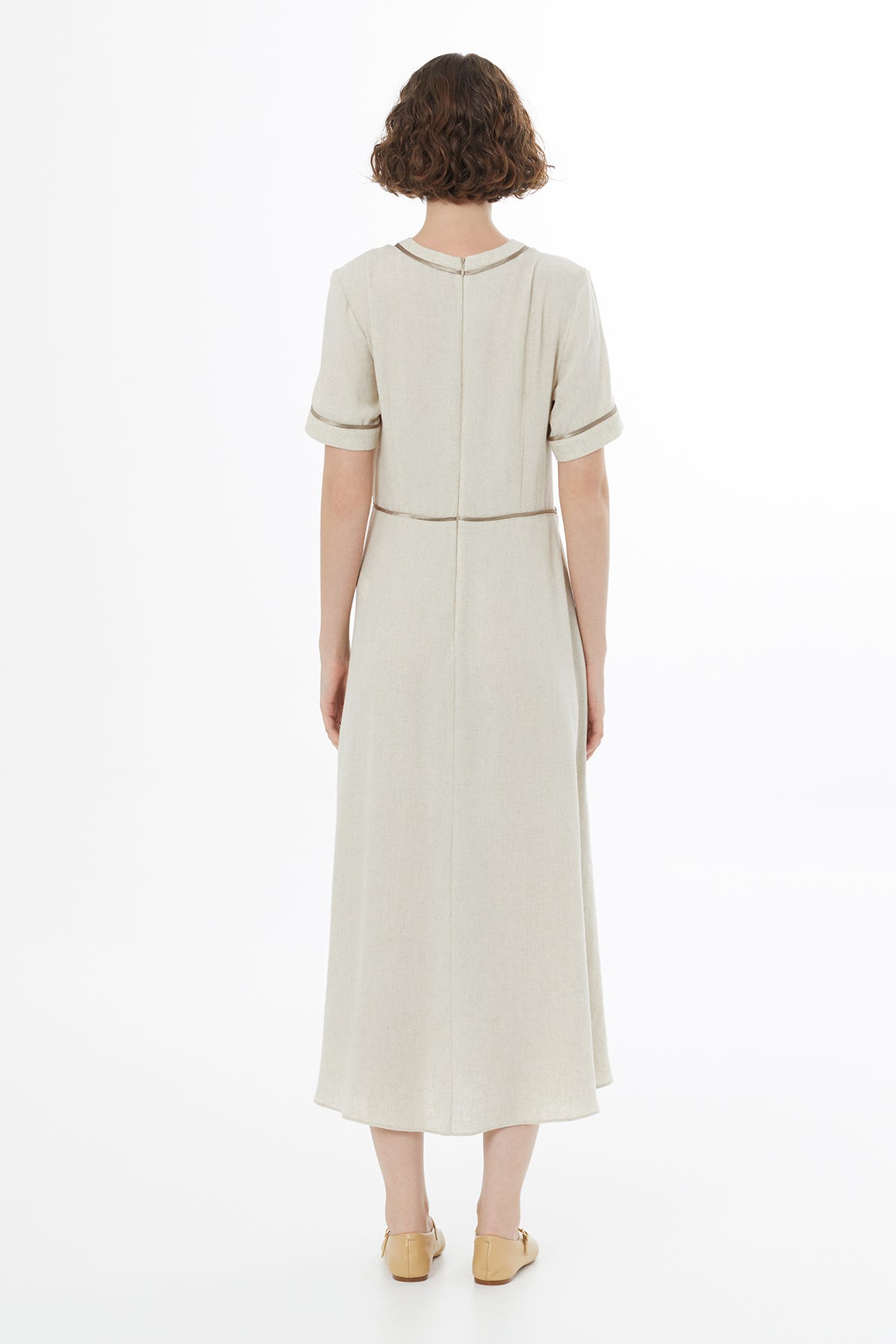 Biye Detaylı Keten Bej Maxi Elbise
