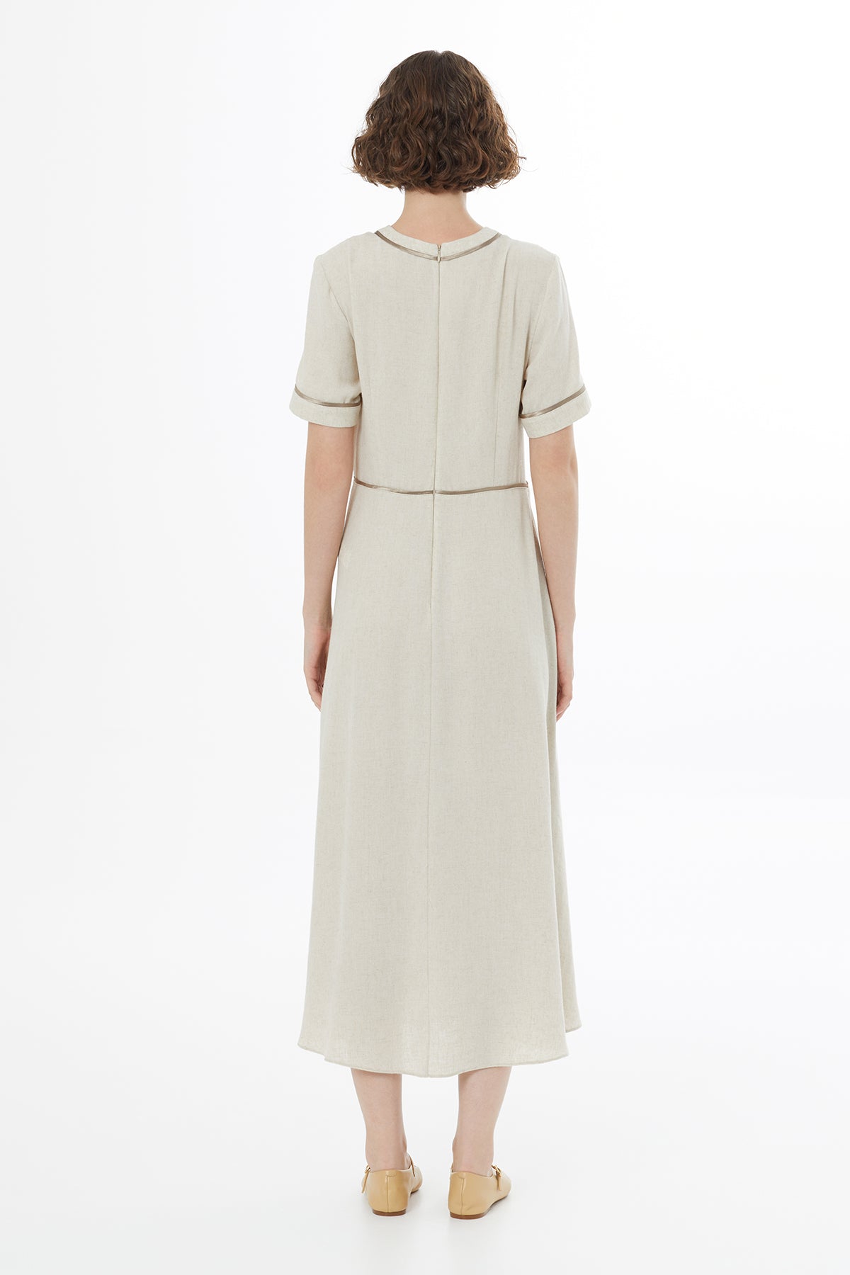 Biye Detaylı Keten Bej Maxi Elbise