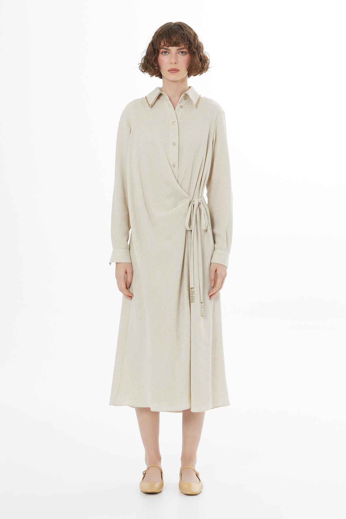 Bağlamalı Keten Bej Midi Elbise