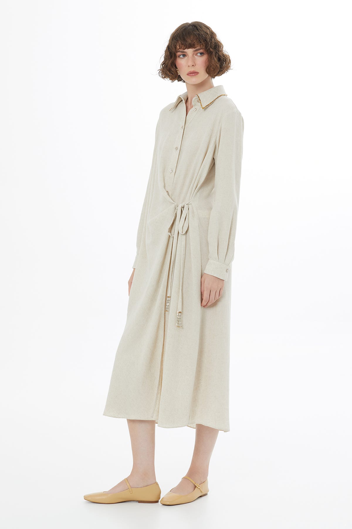 Bağlamalı Keten Bej Midi Elbise