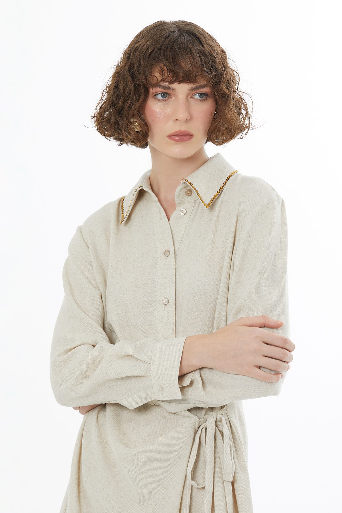 Bağlamalı Keten Bej Midi Elbise