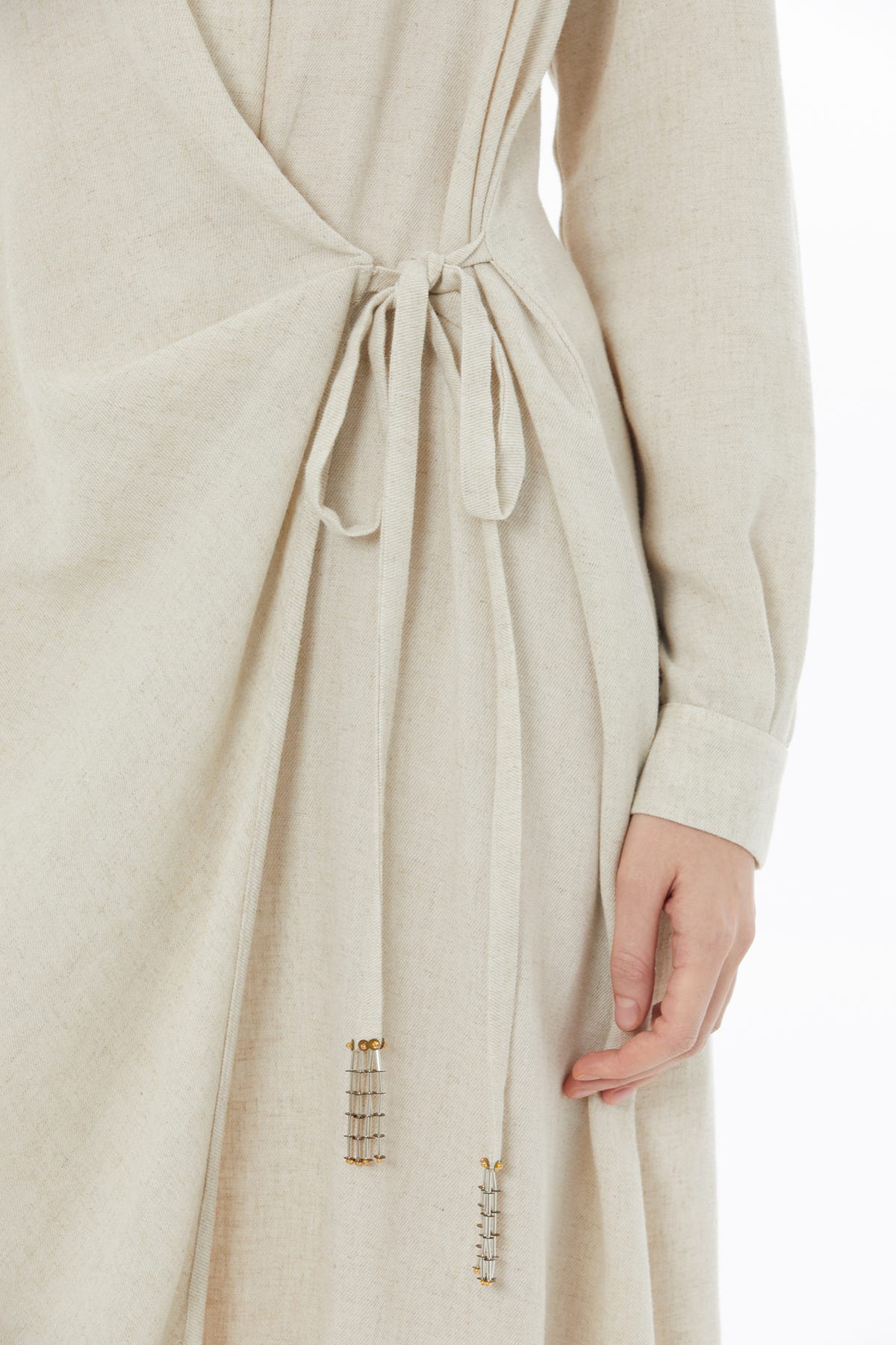 Bağlamalı Keten Bej Midi Elbise