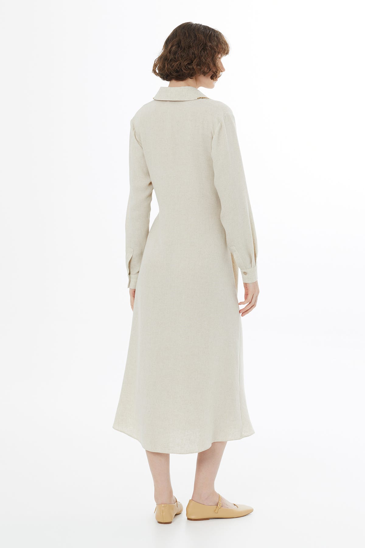 Bağlamalı Keten Bej Midi Elbise