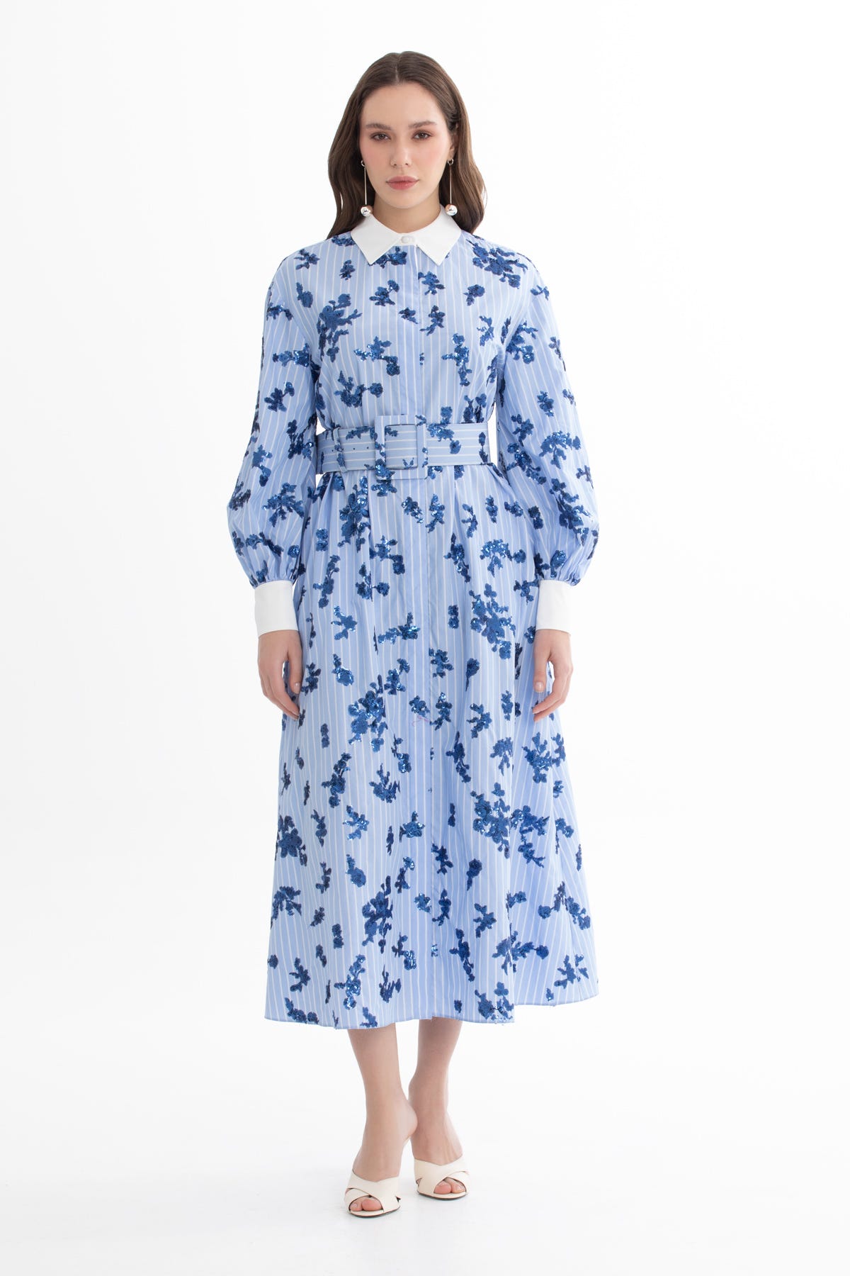 Payetli Mavi Gömlek Elbise