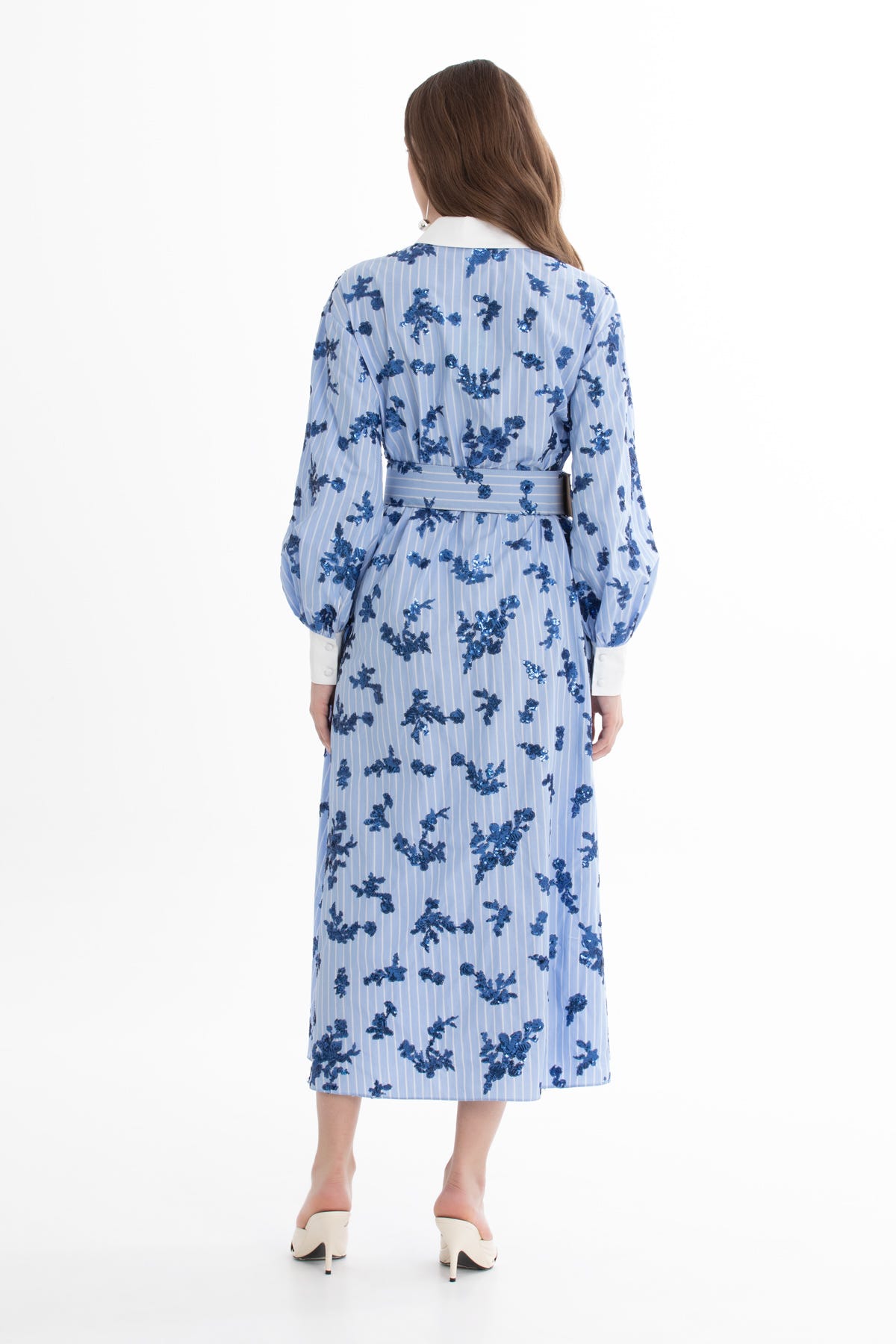 Payetli Mavi Gömlek Elbise