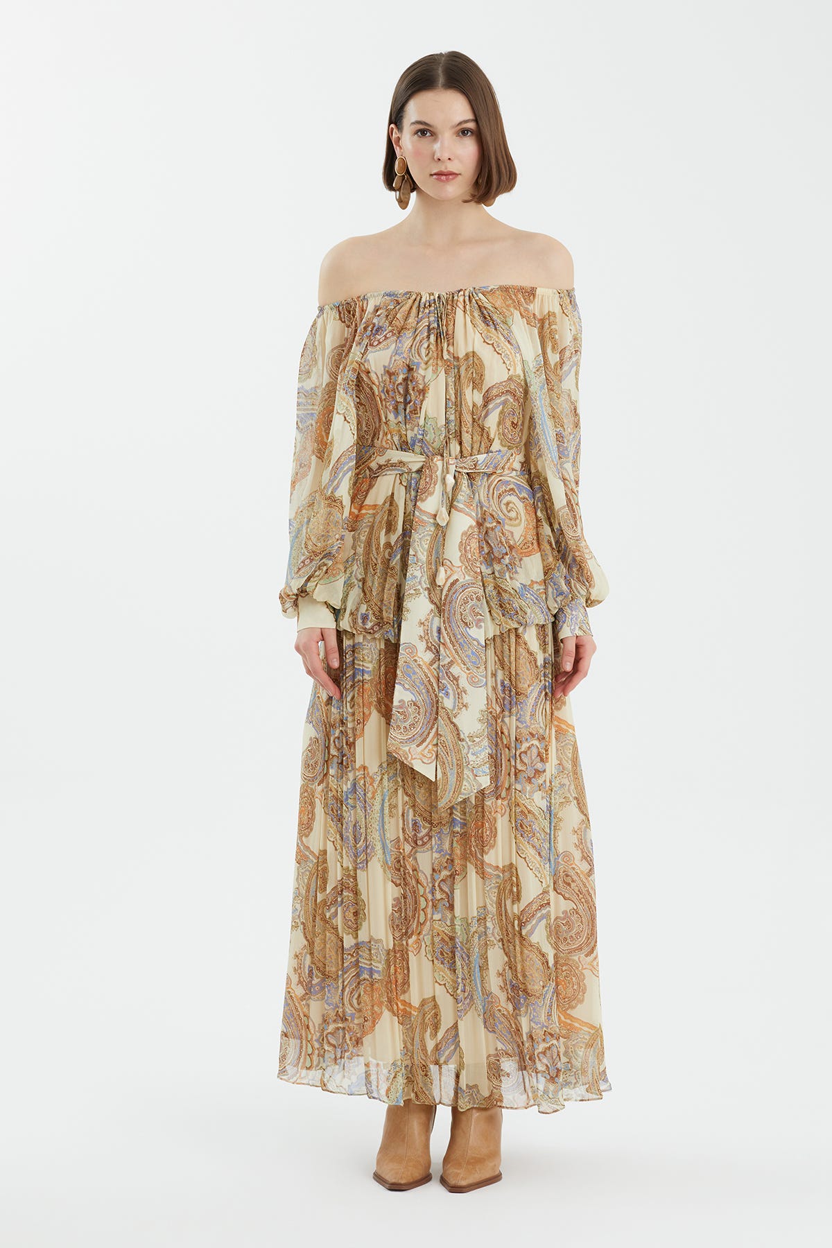 Karpuz Kollu Büzgülü Desenli Elbise