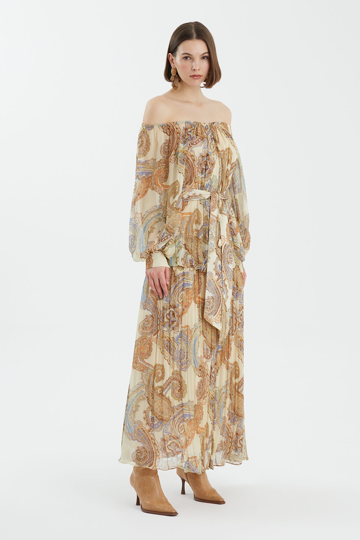 Karpuz Kollu Büzgülü Desenli Elbise