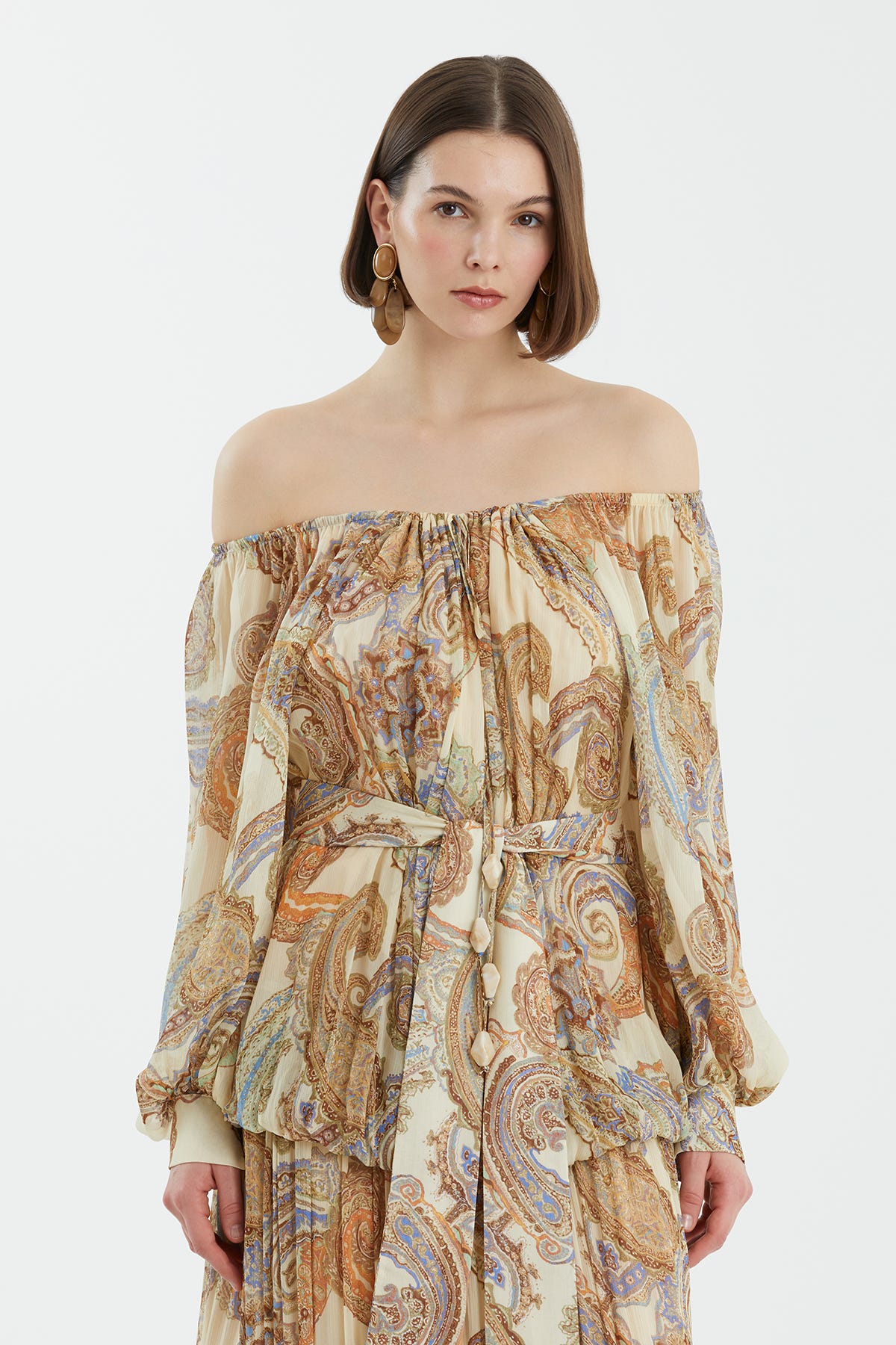 Karpuz Kollu Büzgülü Desenli Elbise