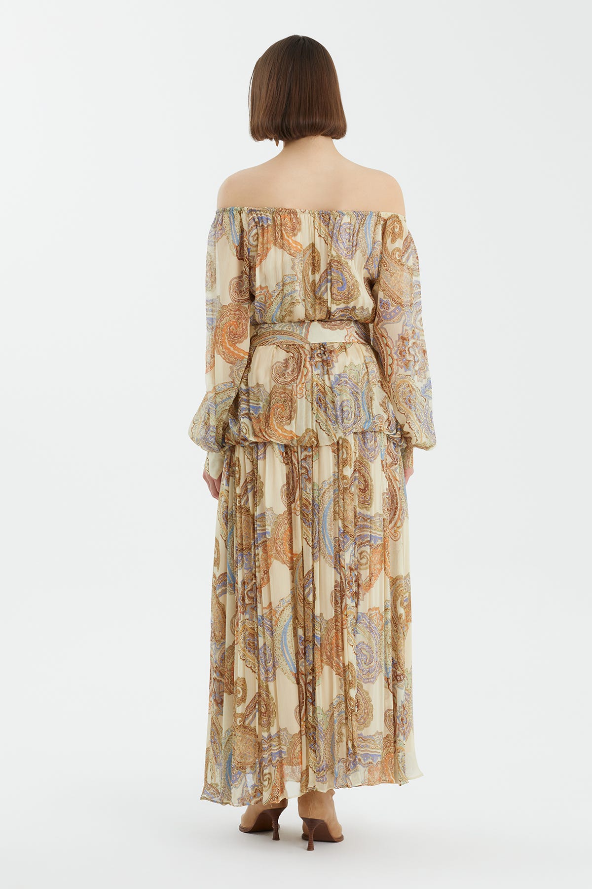 Karpuz Kollu Büzgülü Desenli Elbise