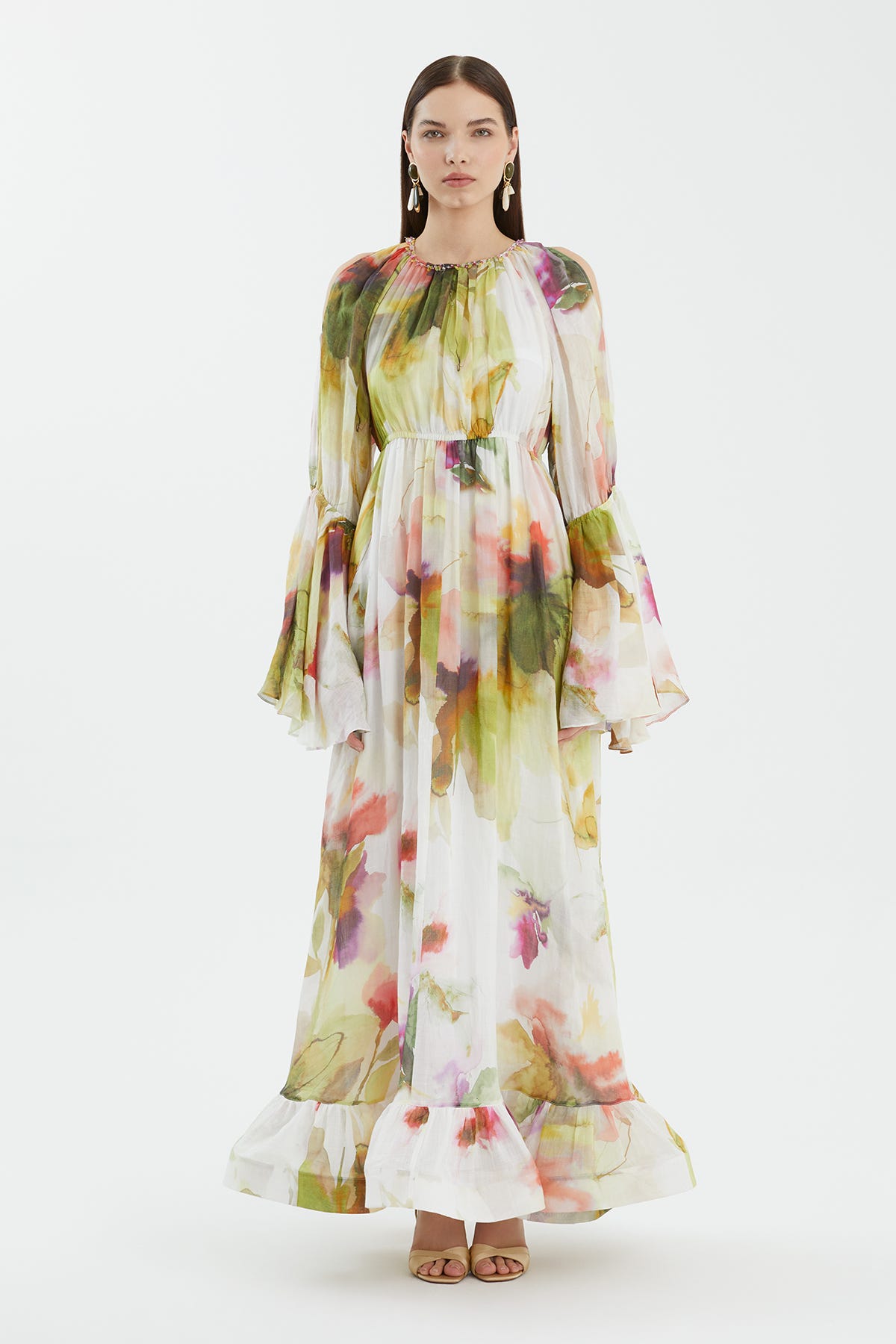 Yakası İşleme Detaylı Desenli Uzun Elbise