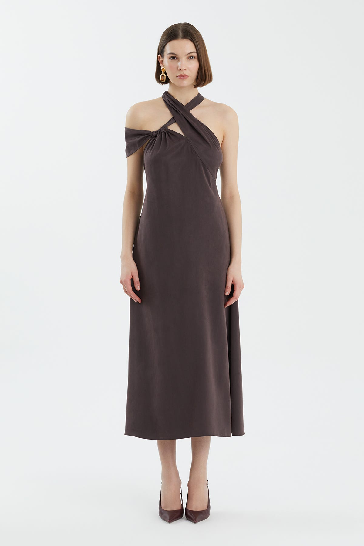 Bağlamalı Asimeterik Kahverengi  Elbise