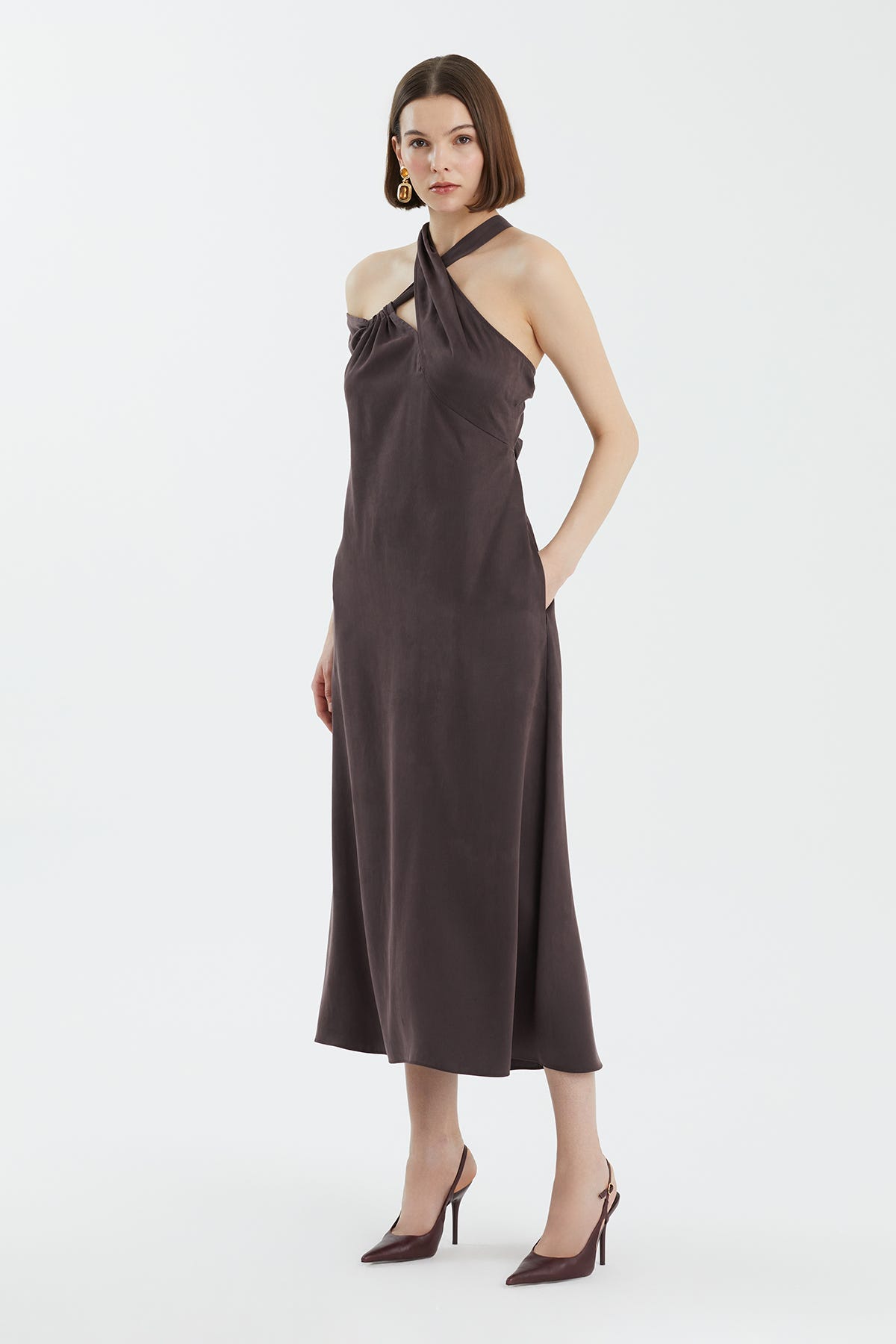 Bağlamalı Asimeterik Kahverengi  Elbise