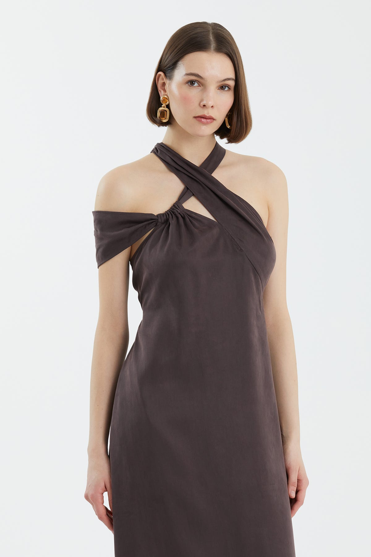 Bağlamalı Asimeterik Kahverengi  Elbise