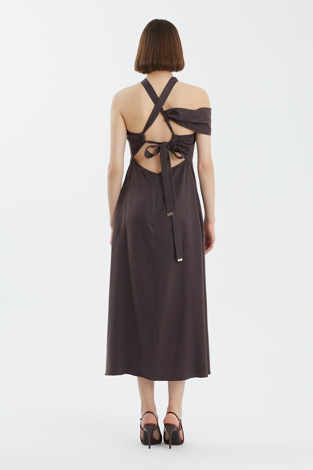 Bağlamalı Asimeterik Kahverengi  Elbise