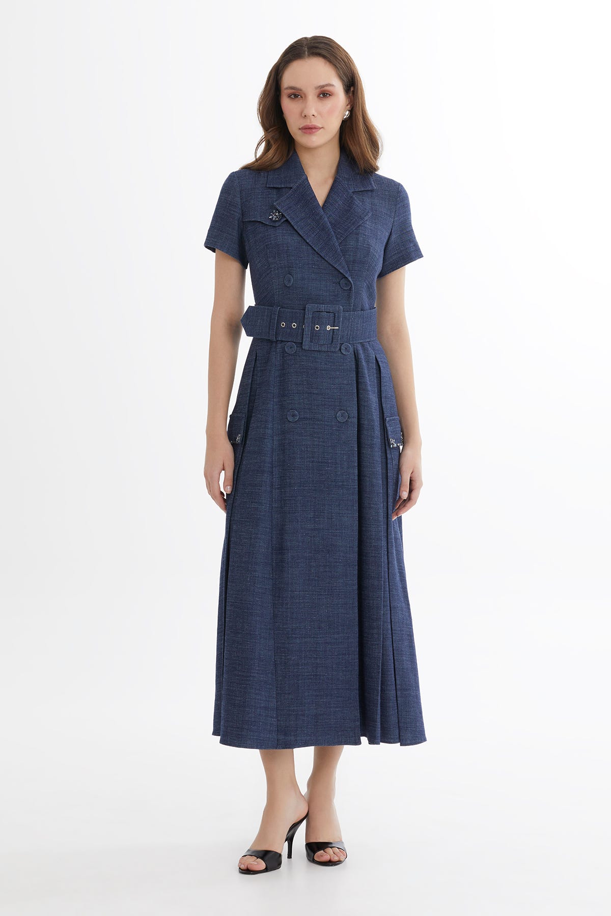 Kemerli İşlemeli Mavi Elbise