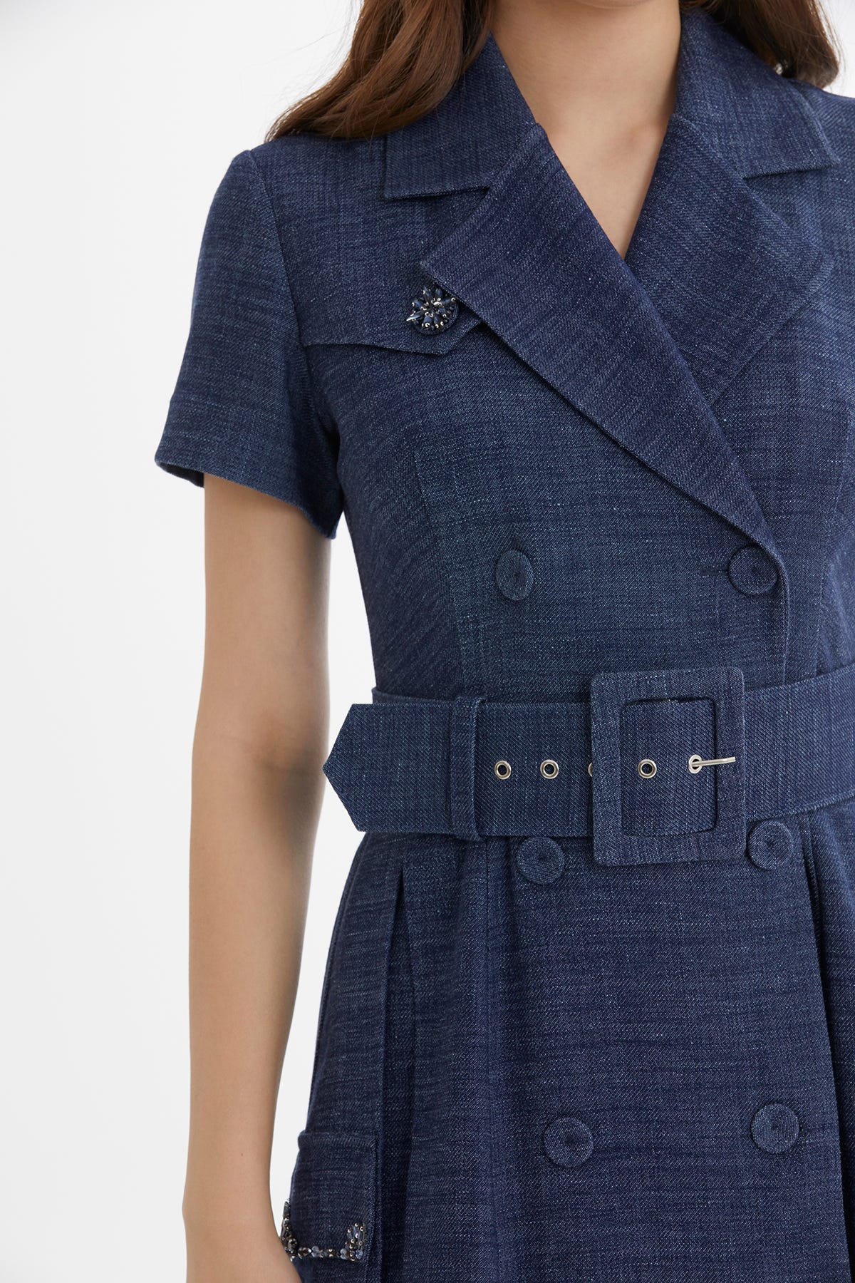 Kemerli İşlemeli Mavi Elbise