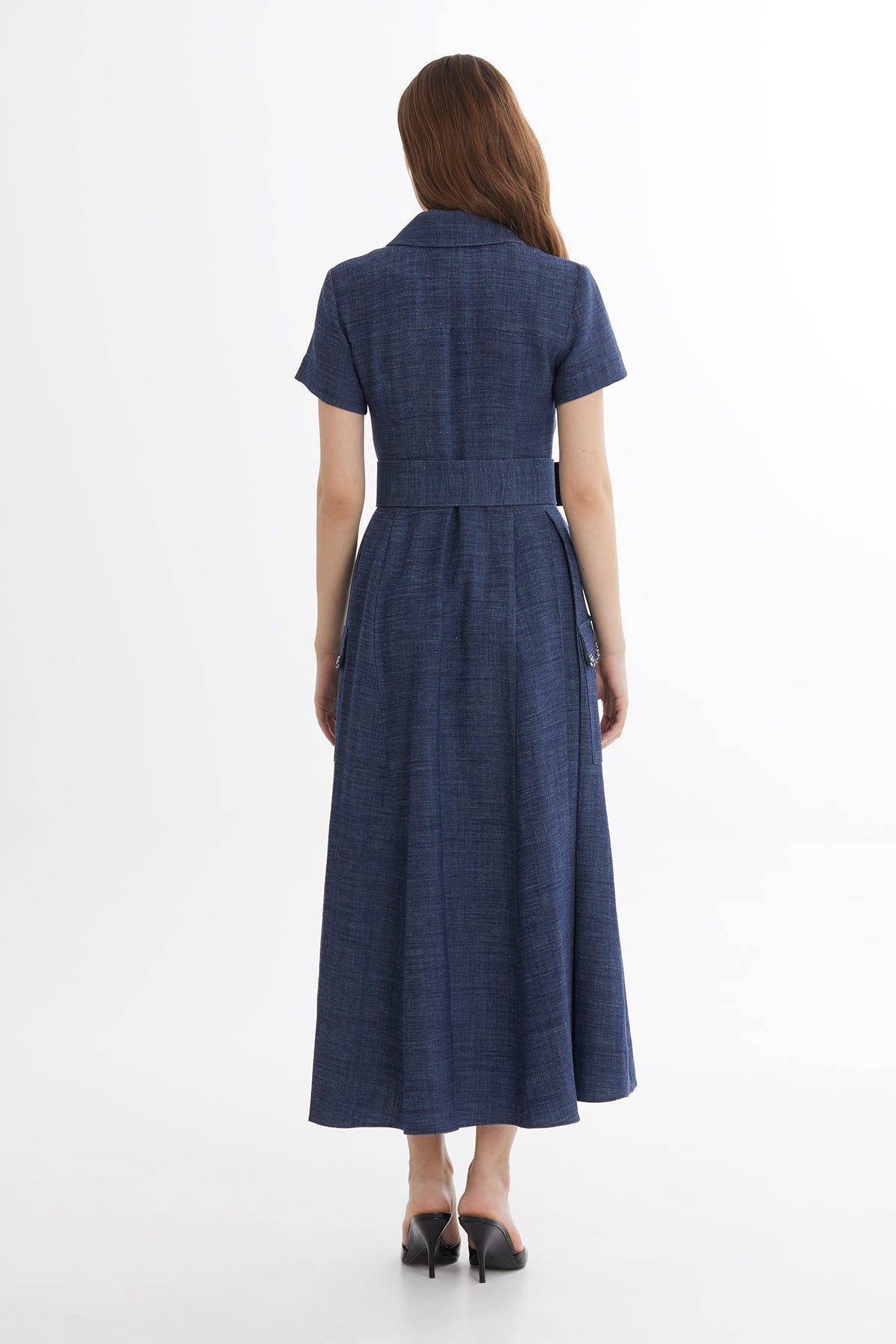 Kemerli İşlemeli Mavi Elbise