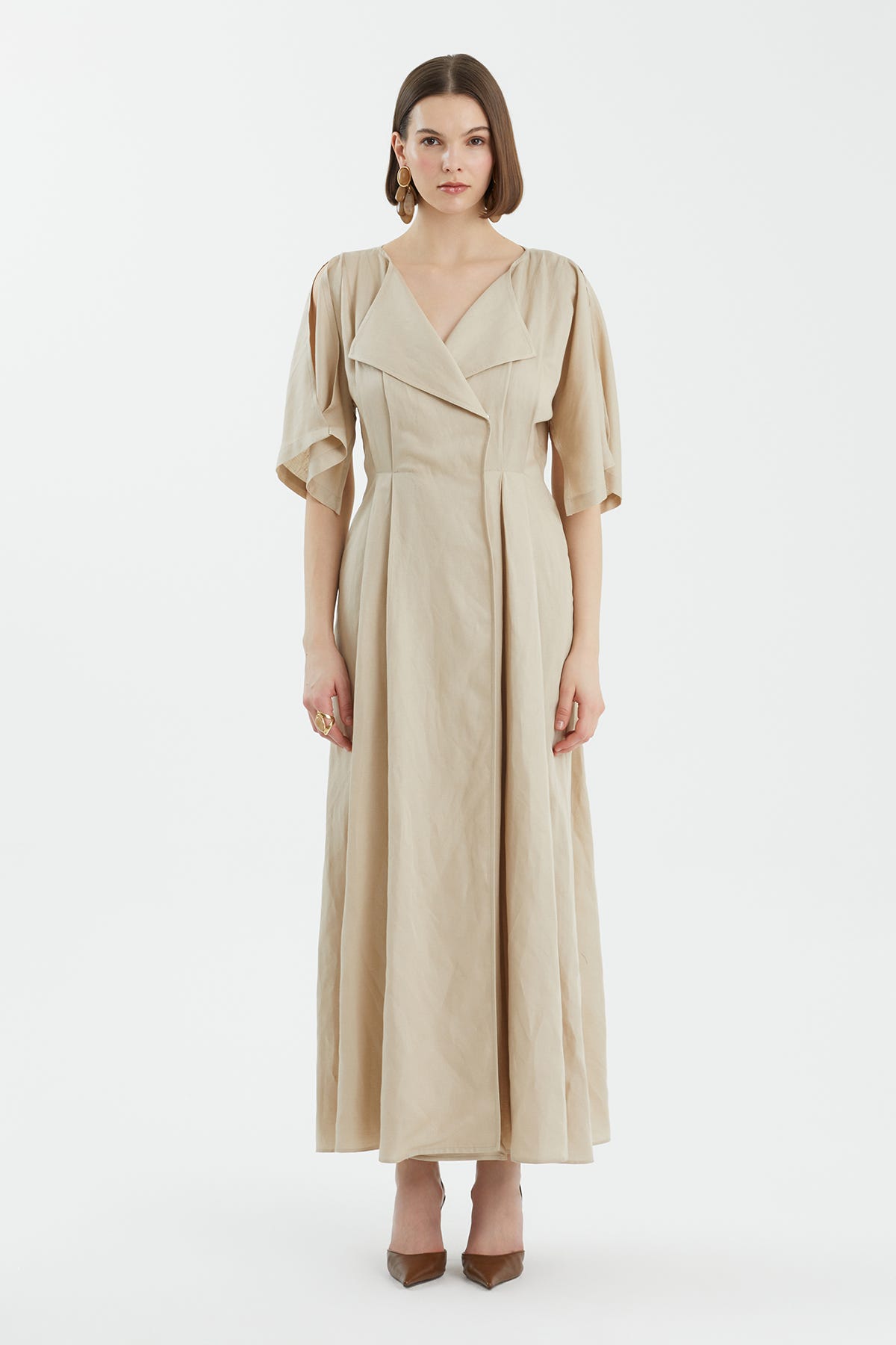 Kruvaze Pileli Bej Elbise