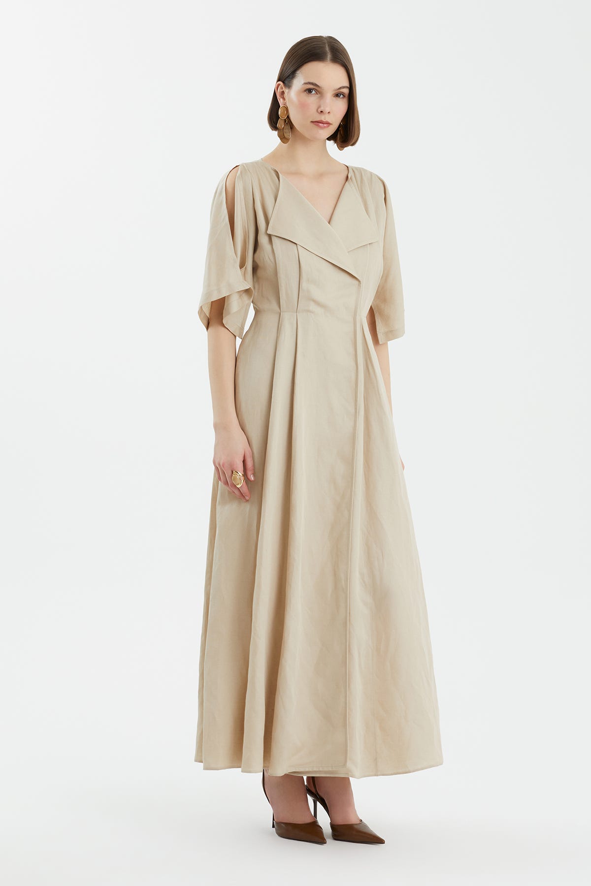 Kruvaze Pileli Bej Elbise