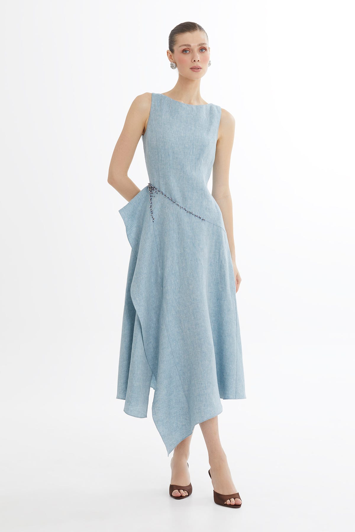 Volanlı İşleme Detaylı Mavi Elbise