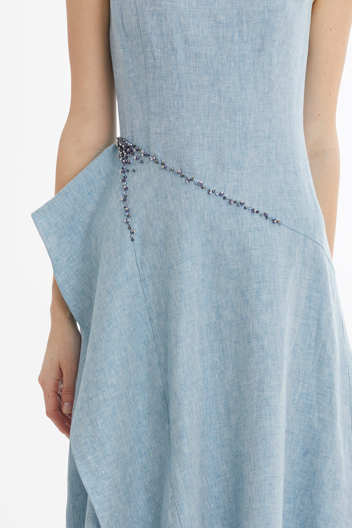 Volanlı İşleme Detaylı Mavi Elbise