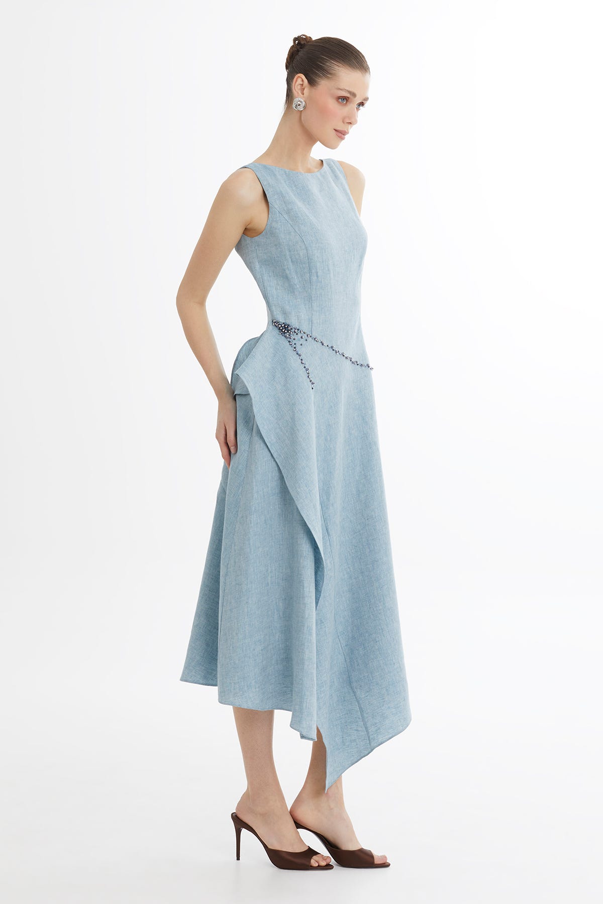 Volanlı İşleme Detaylı Mavi Elbise