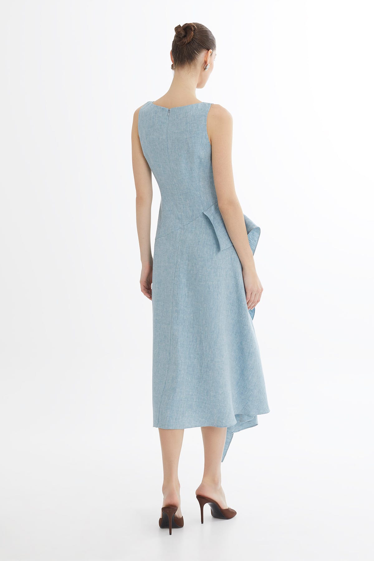 Volanlı İşleme Detaylı Mavi Elbise