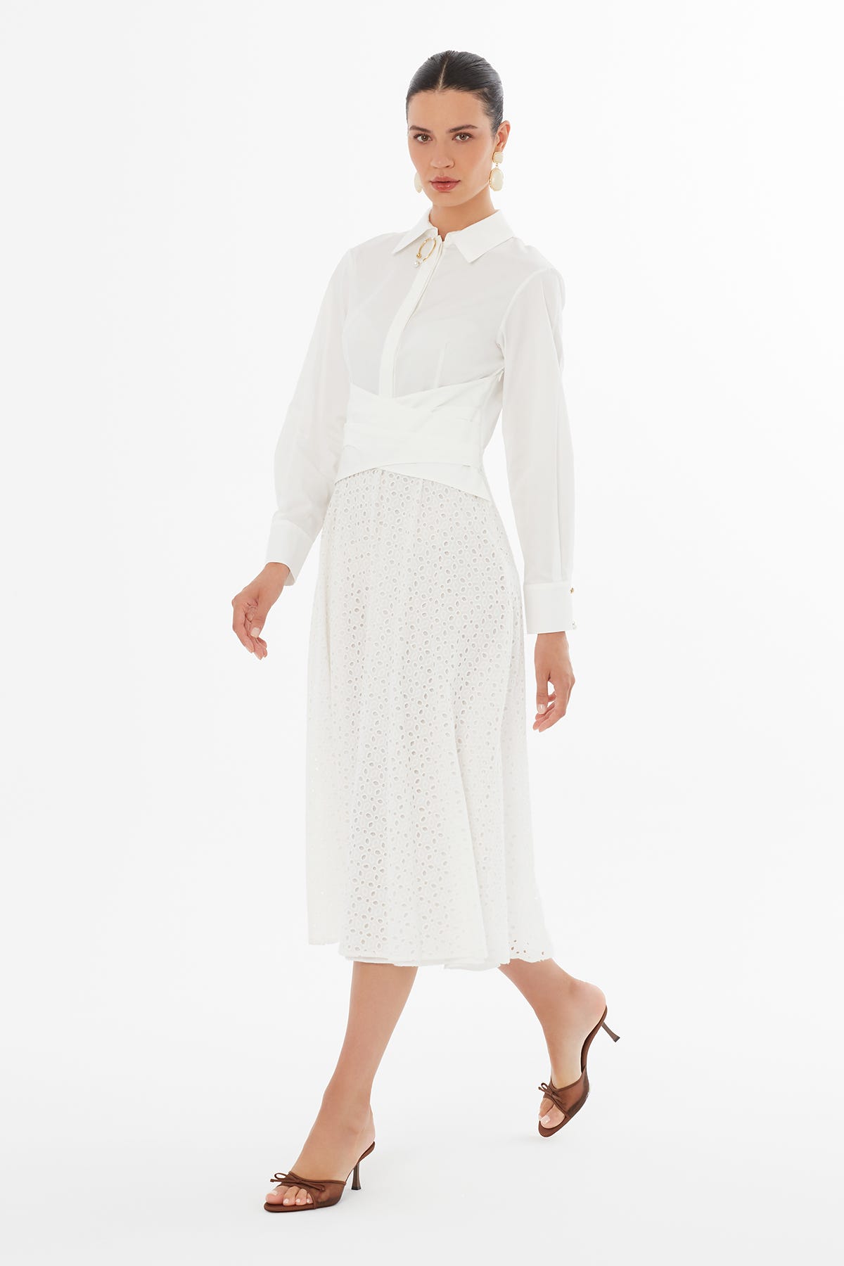 Gömlek Yaka Ekru Maxi Elbise