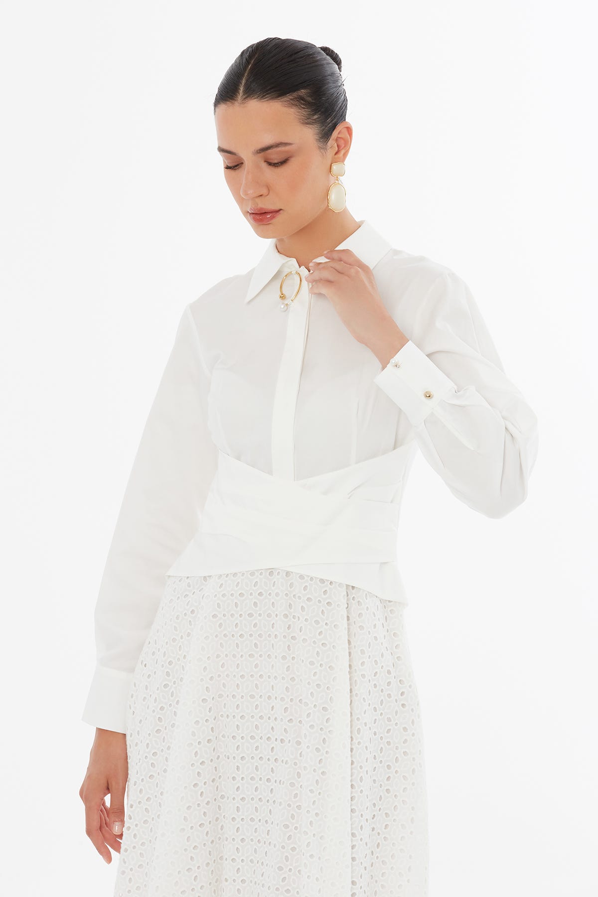 Gömlek Yaka Ekru Maxi Elbise