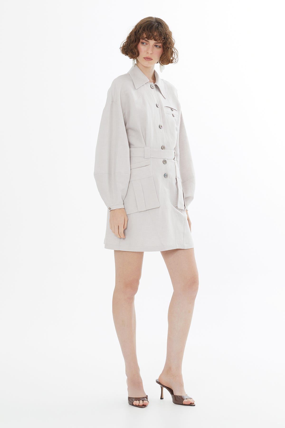 Kemerli Bej Gömlek Mini Elbise