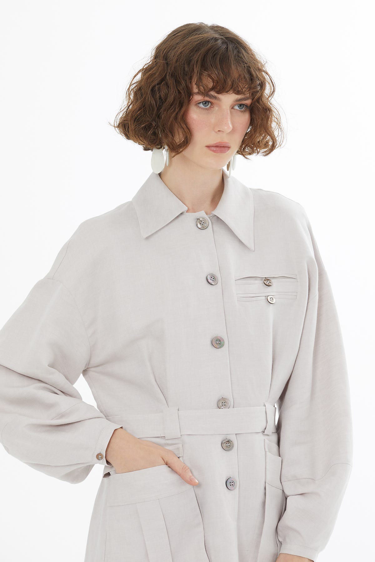 Kemerli Bej Gömlek Mini Elbise