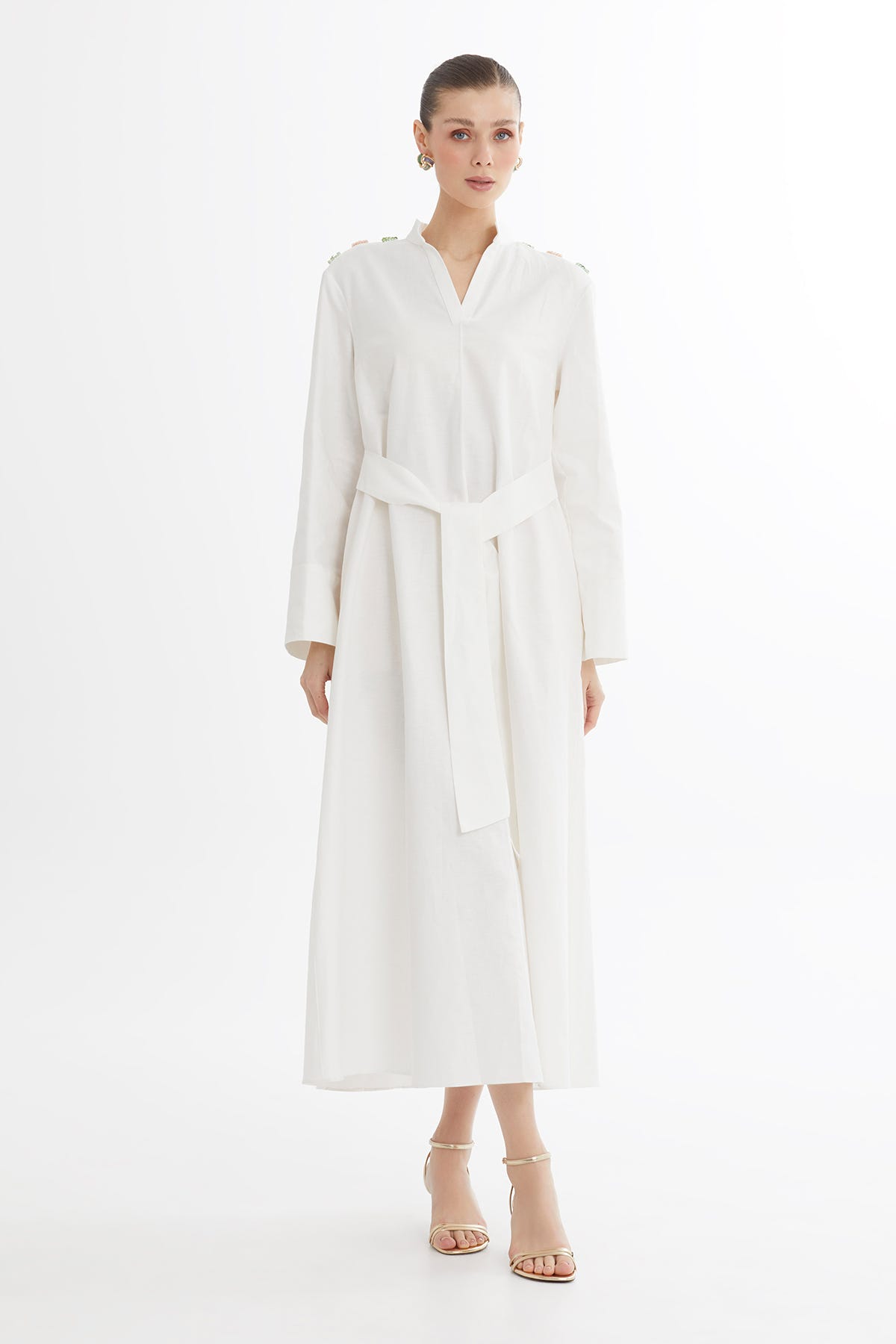 Renkli İşlemeli Keten Ekru Elbise