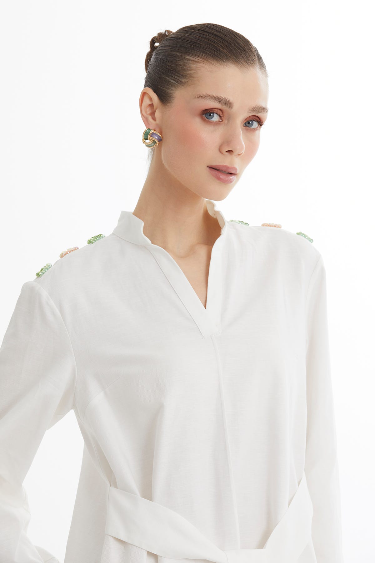 Renkli İşlemeli Keten Ekru Elbise