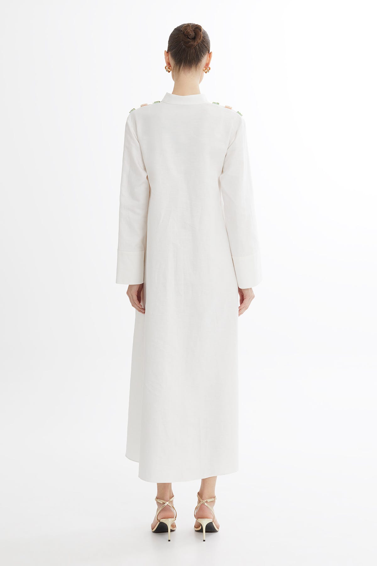 Renkli İşlemeli Keten Ekru Elbise