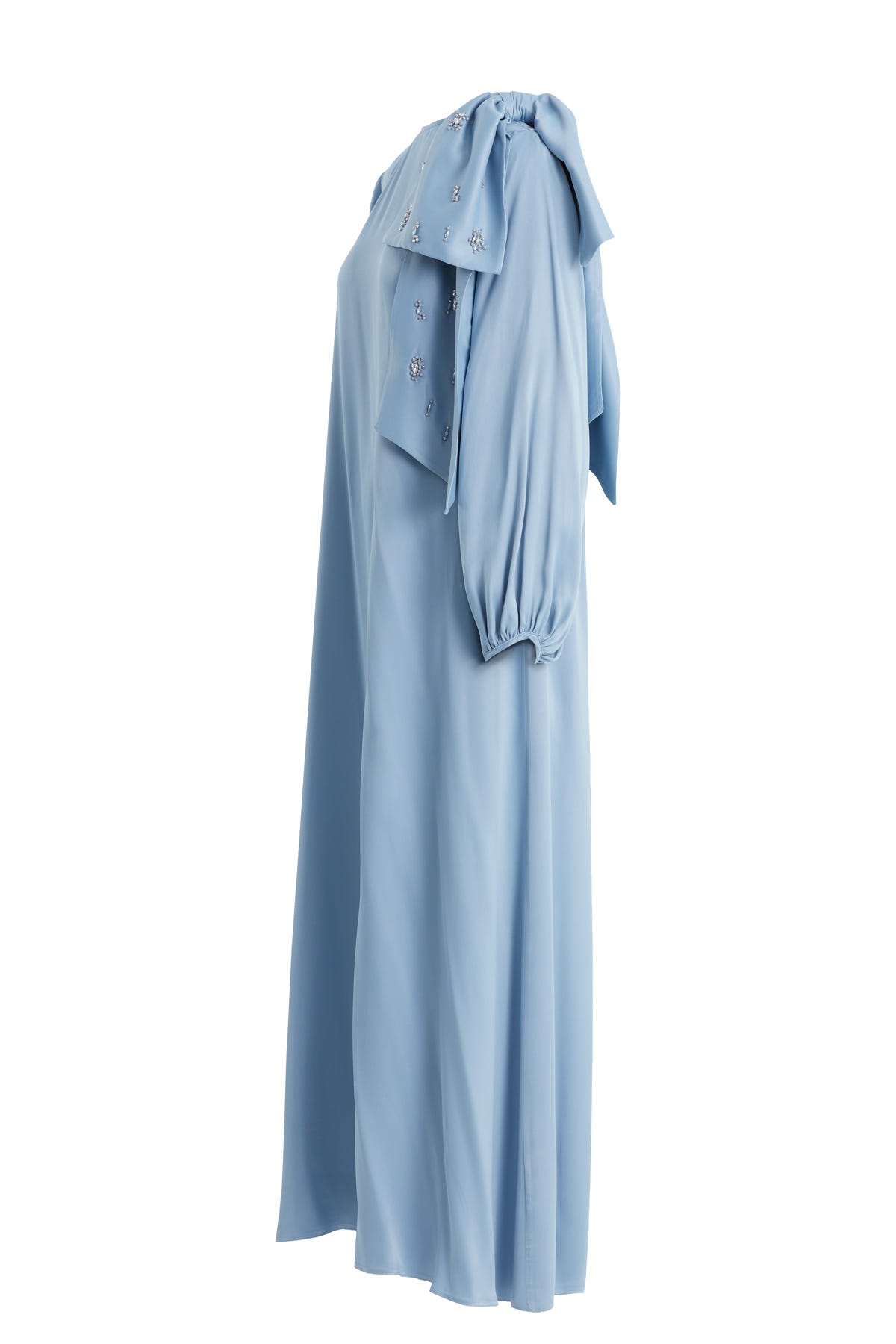 Omuzda İşlemeli Fiyonk Detaylı Mavi Elbise