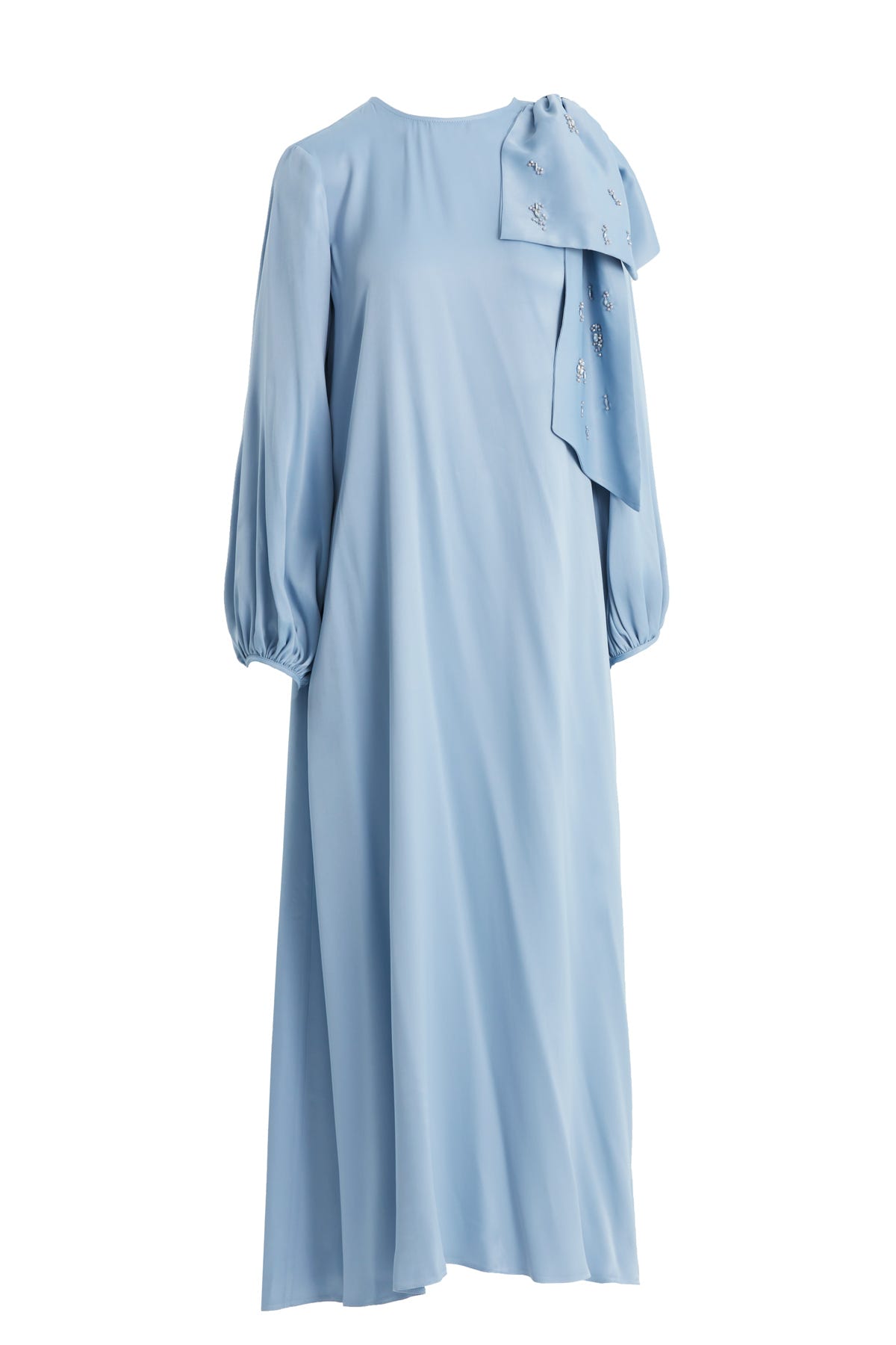 Omuzda İşlemeli Fiyonk Detaylı Mavi Elbise