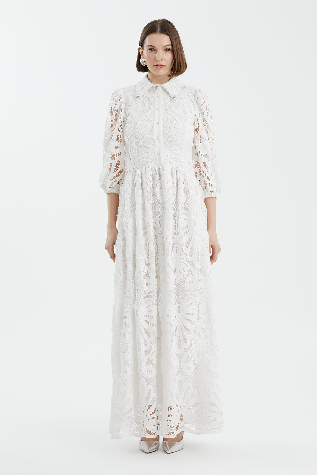 Karpuz Kollu İşlemeli Ekru Elbise