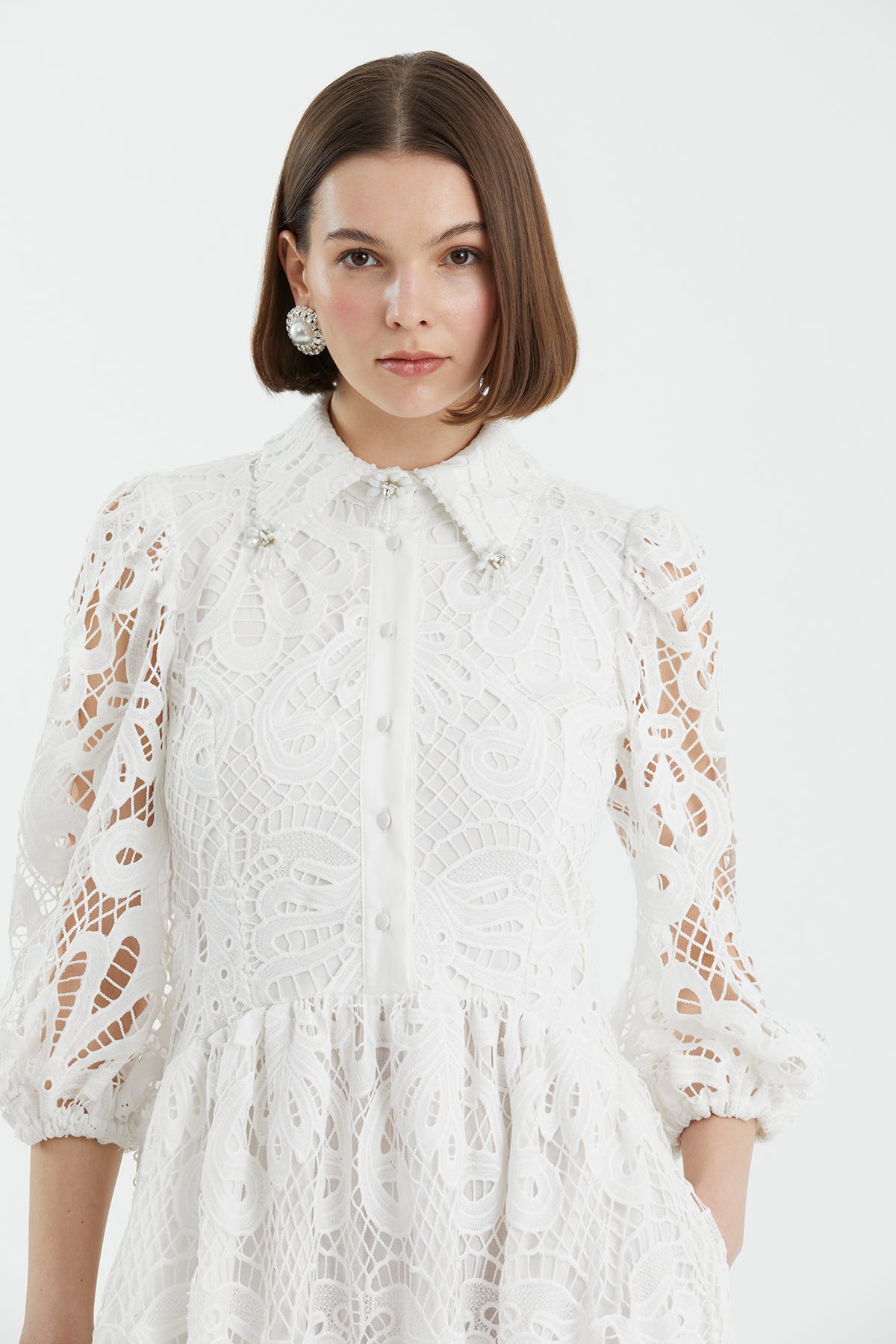 Karpuz Kollu İşlemeli Ekru Elbise