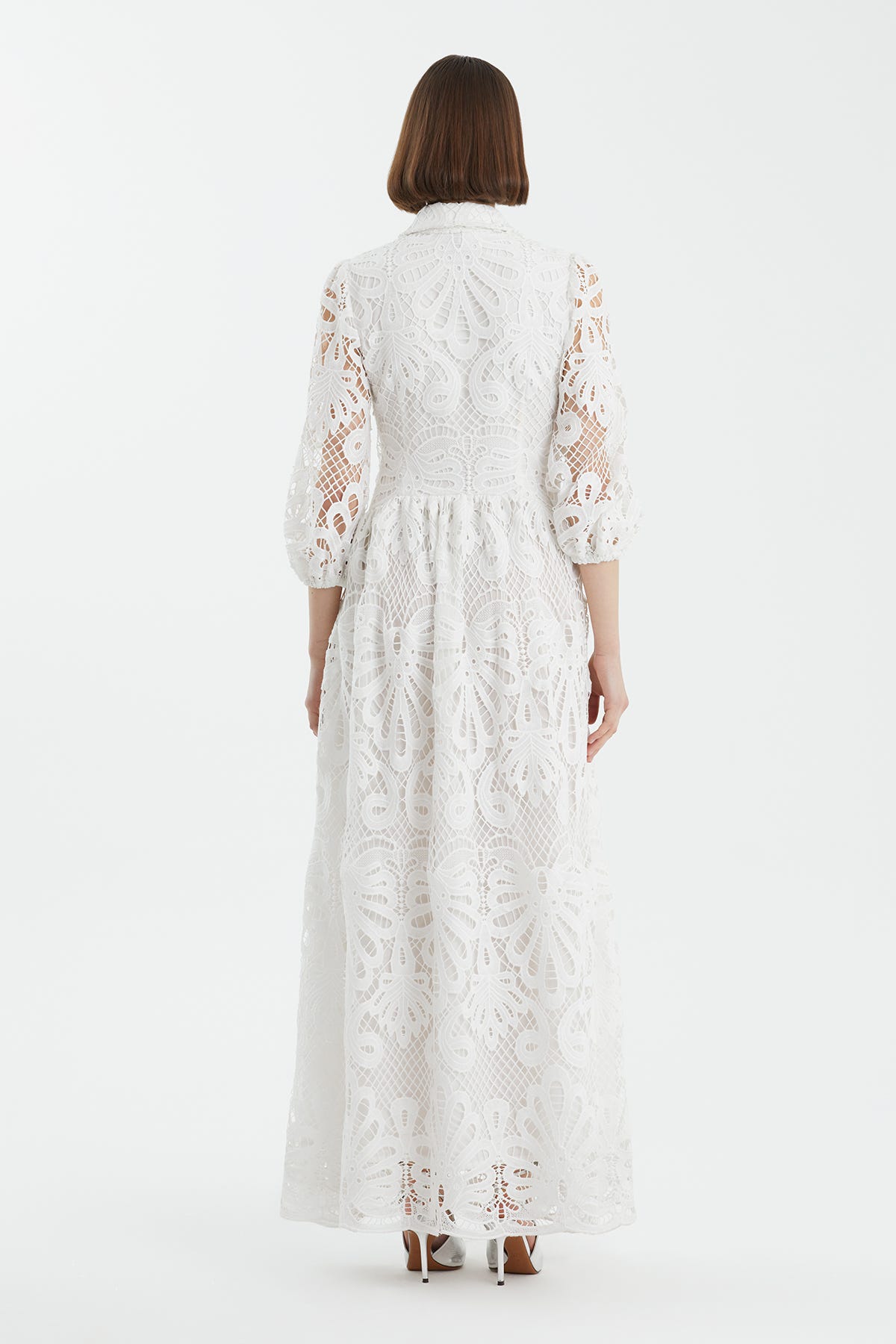 Karpuz Kollu İşlemeli Ekru Elbise